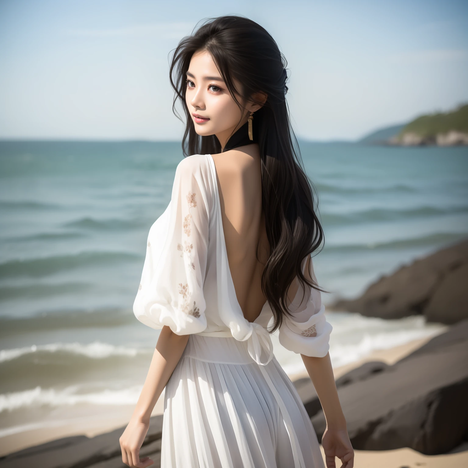 （top Quority，8K，tmasterpiece，：1.3），Beautiful woman with perfect figure，White dress，The most delicate Chinese beauty，Straight long black hair，most exquisite，Regular facial features，cute female child，Beautiful girl walking by the sea，back to look back，downy，dreamlike quality，light white and dark brown，Exaggerated features，solidcolor，Frank holly，Light gray and light brown，Naturally moving，realisticlying，超高分辨率，Photorealistic feeling