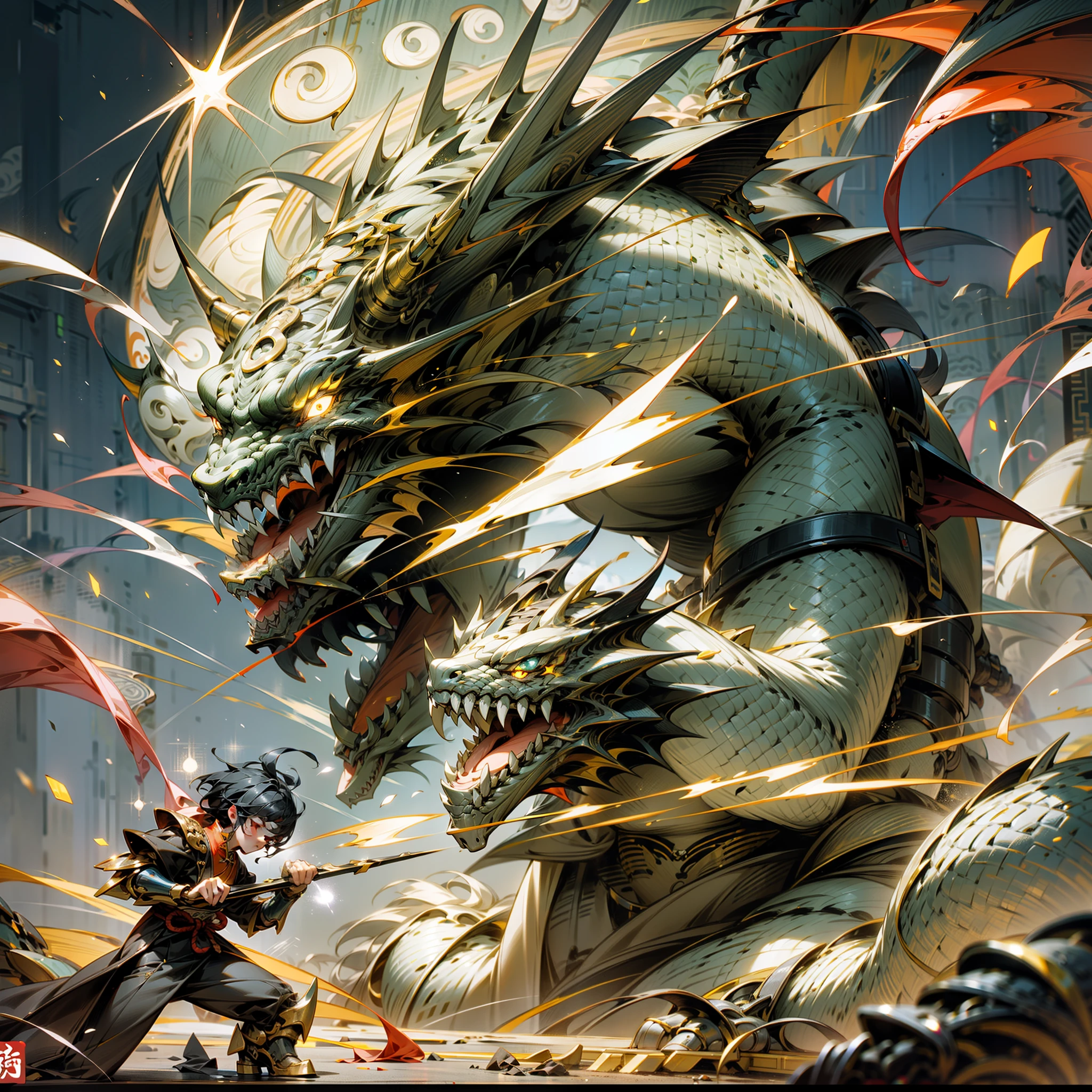 with light glowing,Reflective,(Tall mech:1.6),Amber gradient,(Use the plasma sword:1.3),There is a dragon particle effect,(taichi,Chinese Yin and Yang Bagua Five Elements:1.2),Machine armour wind,mechanical sense,sense of strength,Sense of space,combats,The prominent structure is reasonable,4K,High quality,Masterpieces,(of a real:1.4),chinesedragon,The work of the master,Clear focus,People and dragons