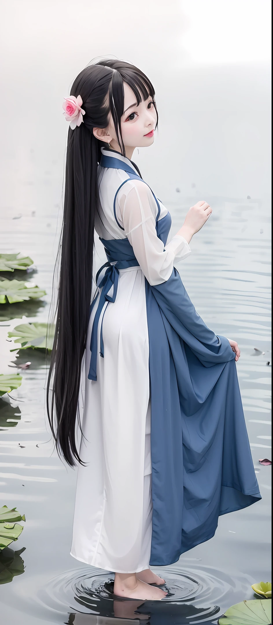 ((4k,masterpiece,best quality)), shuimobysim, traditional chinese ink painting, lotus, hanfu, maxiskit, dress conservatively 1girl, solo, long blue hair, smile, standing, feet in the water, barefoot,