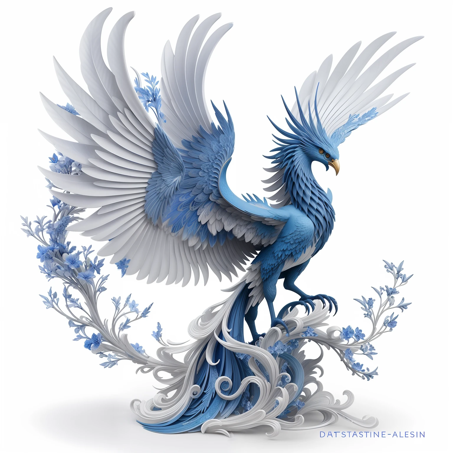 Close up of a bird with wings spread on white background, blue phoenix bird, intricate ornate anime cgi style, phoenix dragon, Detailed digital 3D art, intricate 3 d sculpture, author：Kan Lee, highly detailed sculpture, 8K high quality detailed art, Eat Zhuoxin, resin statue, intricate 3 d illustration, Highly detailed digital art, Jellyfish Phoenix Dragon Official Art，统一 8k 壁纸，ultra - detailed，Beauty and aesthetics，big breasts beautiful，tmasterpiece，Best quality at best，（zentangle，datura，Tangles，entangled），（ecstasy of flower：1.2）dynamic angle，The most beautiful form of chaos，ellegance，Fauvistdesign，vivd colour，romanticism lain，atmospurate，Blue and white porcelain，Escultura，Clear lines --auto