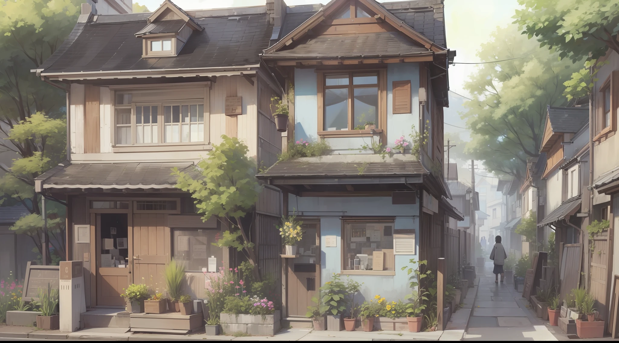 /imagine prompt: A quiet street in the community, houses neatly arranged, tall trees and well-trimmed flower beds on both sides of the street. Suddenly, a house of a resident becomes empty, as if they disappeared into thin air. by Manhua --niji 5
