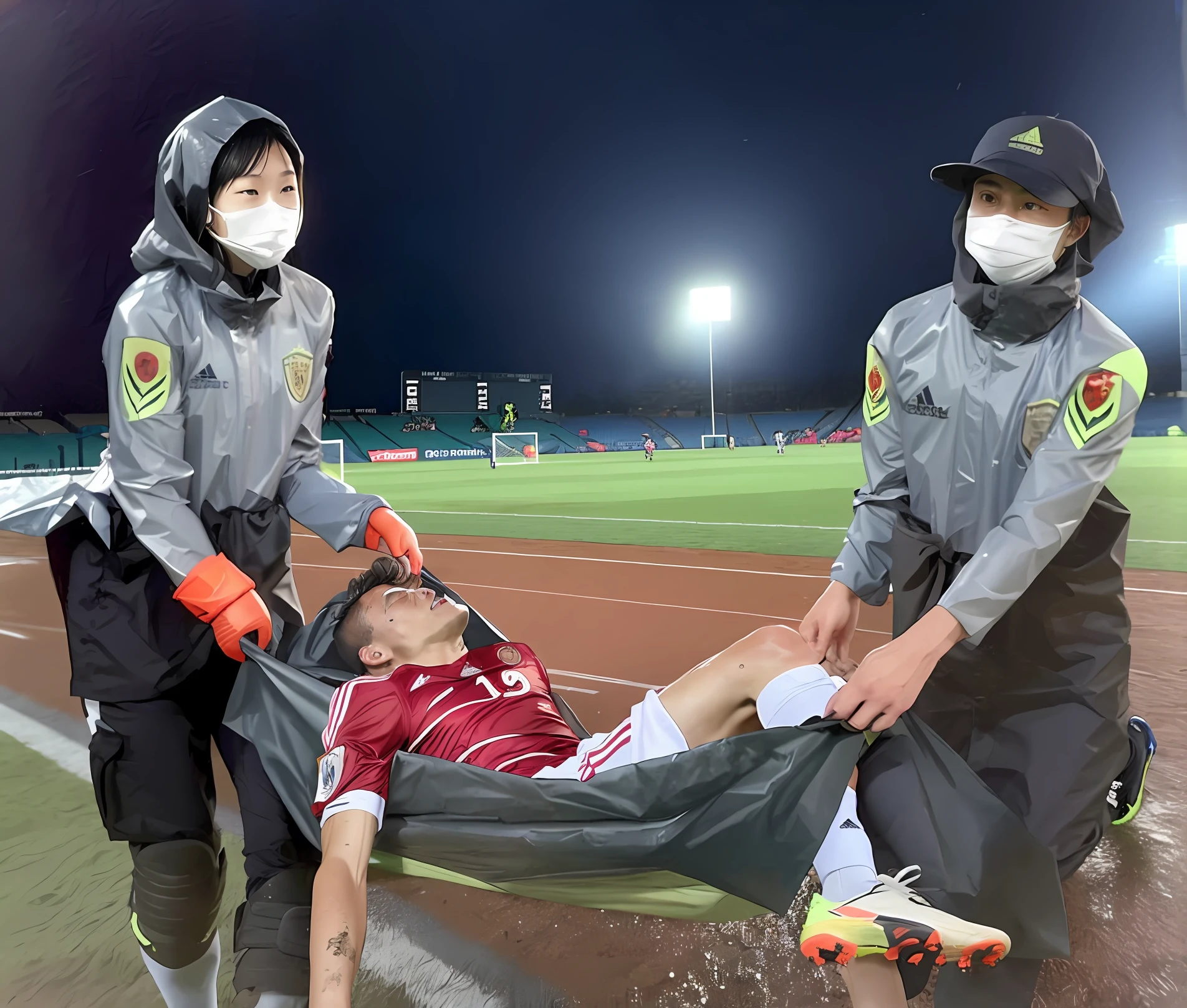 a soccer scene in a chinese sports stadium, an injured soccer player is being transported in a tarpaulin, an injured soccer player is lying in a tarpaulin with lots of pain and is transported out of tge stadium, rainy weather, wet ground, rainfall, injury scene in a sports stadium, tarpaulin-stretcher carry, there are two asian female medics in wet raincoats who are carrying a wet rubber-tarpaulin, there are two female medics in wet raincoats who are carrying a wet tarpaulin with an injured soccer player lying in it in a rainy sports stadium, there is a wounded male soccer player in a matte short cotton sports outfit lying in the tarpaulin, an injured male soccer player is lying on his back in a tarpaulin and is rearing up in agony, a soccer player is rearing up in pain while lying on his back on a stretcher, dramatic scene, theatralic posing scene, dramatic pity scene, injury soccer, first aid, help, pity, there are four female medics in shiny raincoats who are looking very sad and very terrified and very shocked, the injured soccer player is screaming out in pain while he is carried from the pitch on a stetcher through the rain