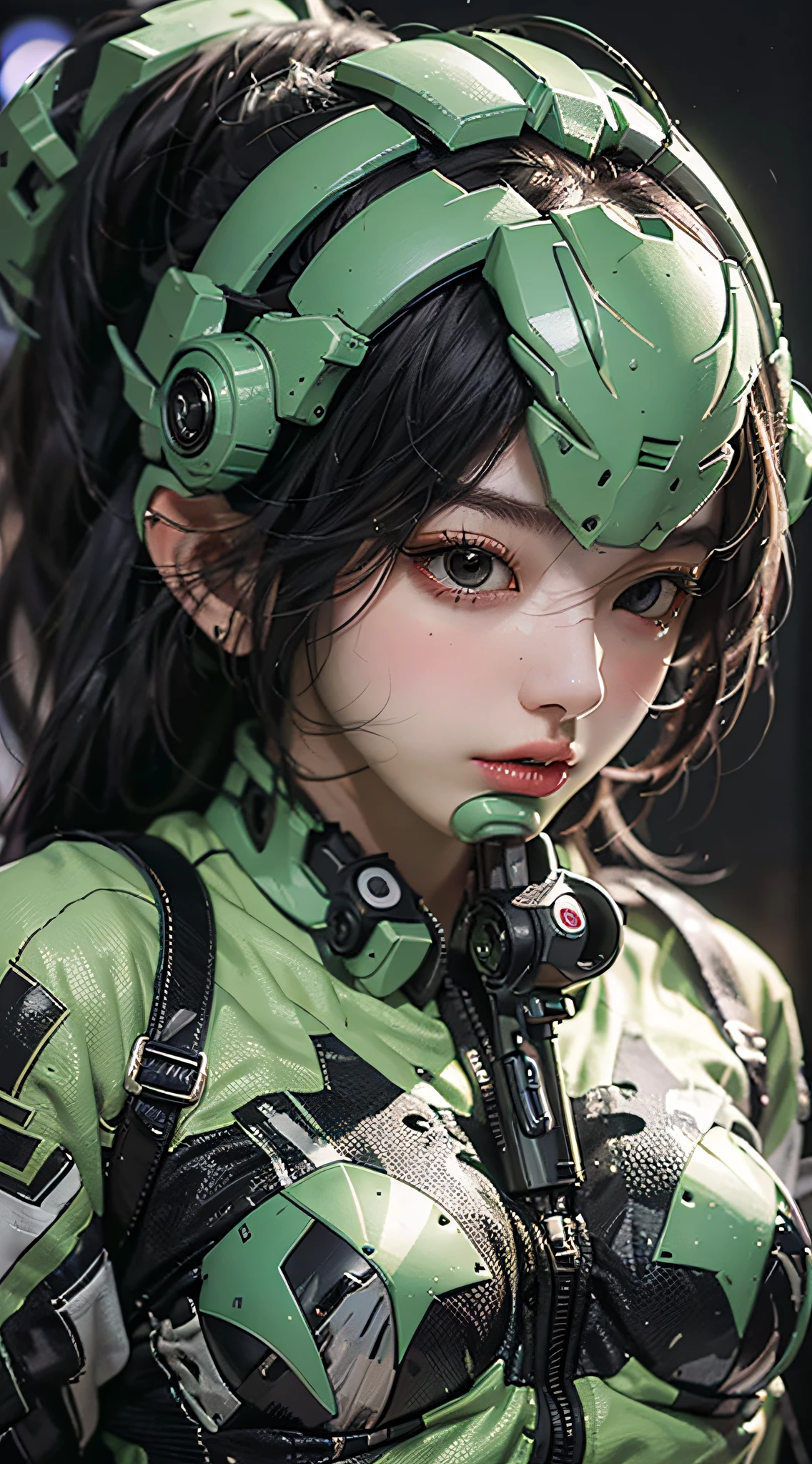 Highest image quality, outstanding details, ultra-high resolution, (realism: 1.4), the best illustration, favor details, highly condensed 1girl, with a delicate and beautiful face, dressed in a black and green mecha, wearing a mecha helmet, holding a directional controller, riding on a motorcycle, the background is a high-tech lighting scene of the future city.