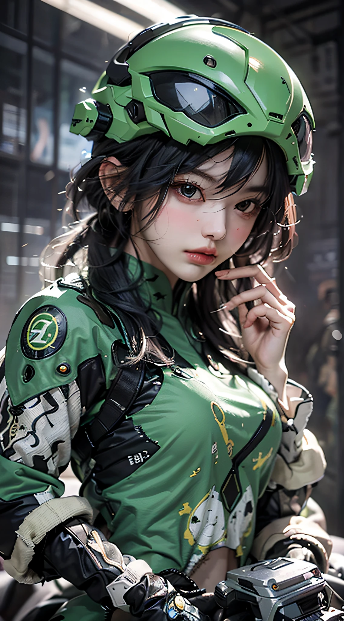 Highest image quality，Outstanding details，超高分辨率，（fidelity：1.4），The best illustration，Favor the details，Highly cohesive 1girl，He has a delicate and beautiful face，Dressed in a black-green mech，wearing a mech helmet，Hold the direction controller，（Riding on a motorcycle），The background is a high-tech lighting scene in the future city。