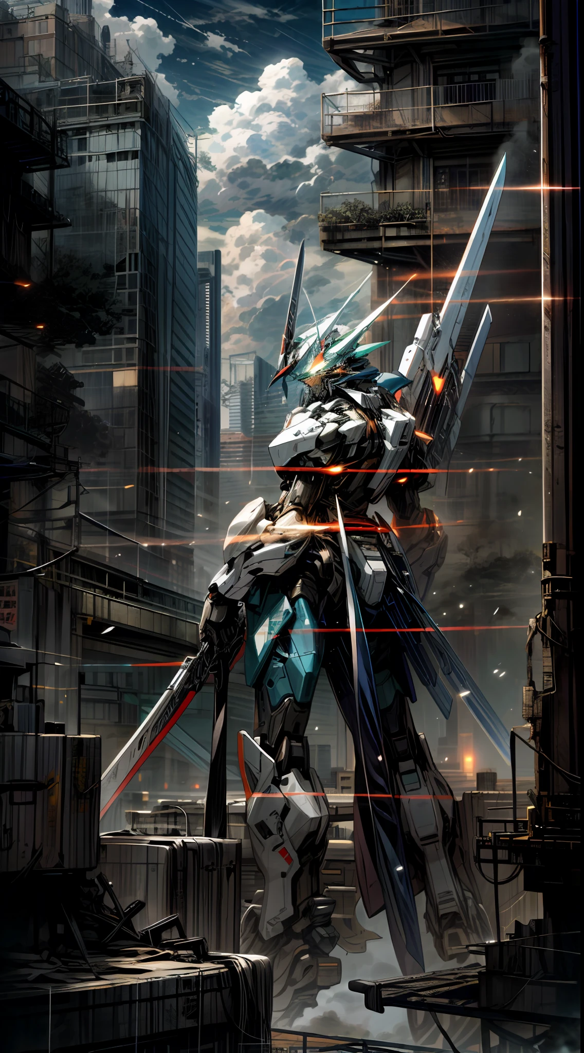 sky, clouds, holding_weapon, no_humans, glowing, a man standing on top of a building, his back to the viewer, looking into the distance, giant robot, building, ruins, glowing_eyes, mecha, science fiction, city, reality, mecha