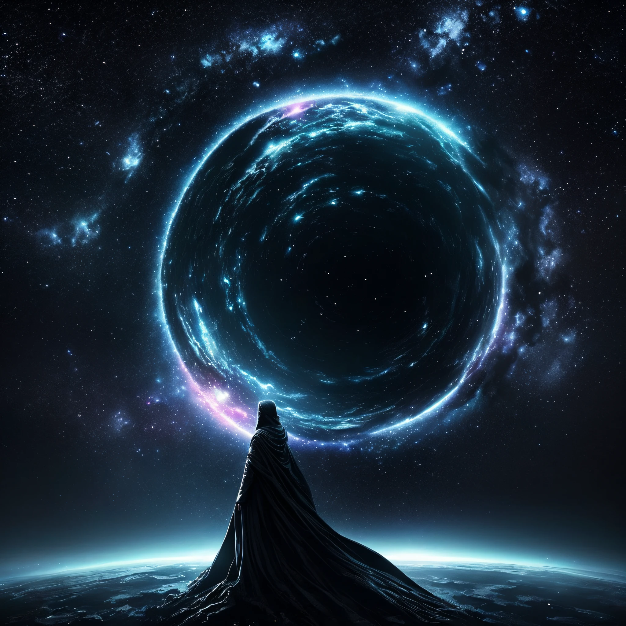 Look up at the infinite length of the universe,Endless galaxies,Dangerous black holes,Exploding supernova,Floating stellar nebula、ominous、movie atmosphere、Negative dark mode、Matrix atmosphere、Numeric code rotation、matte painting、Abyss --auto