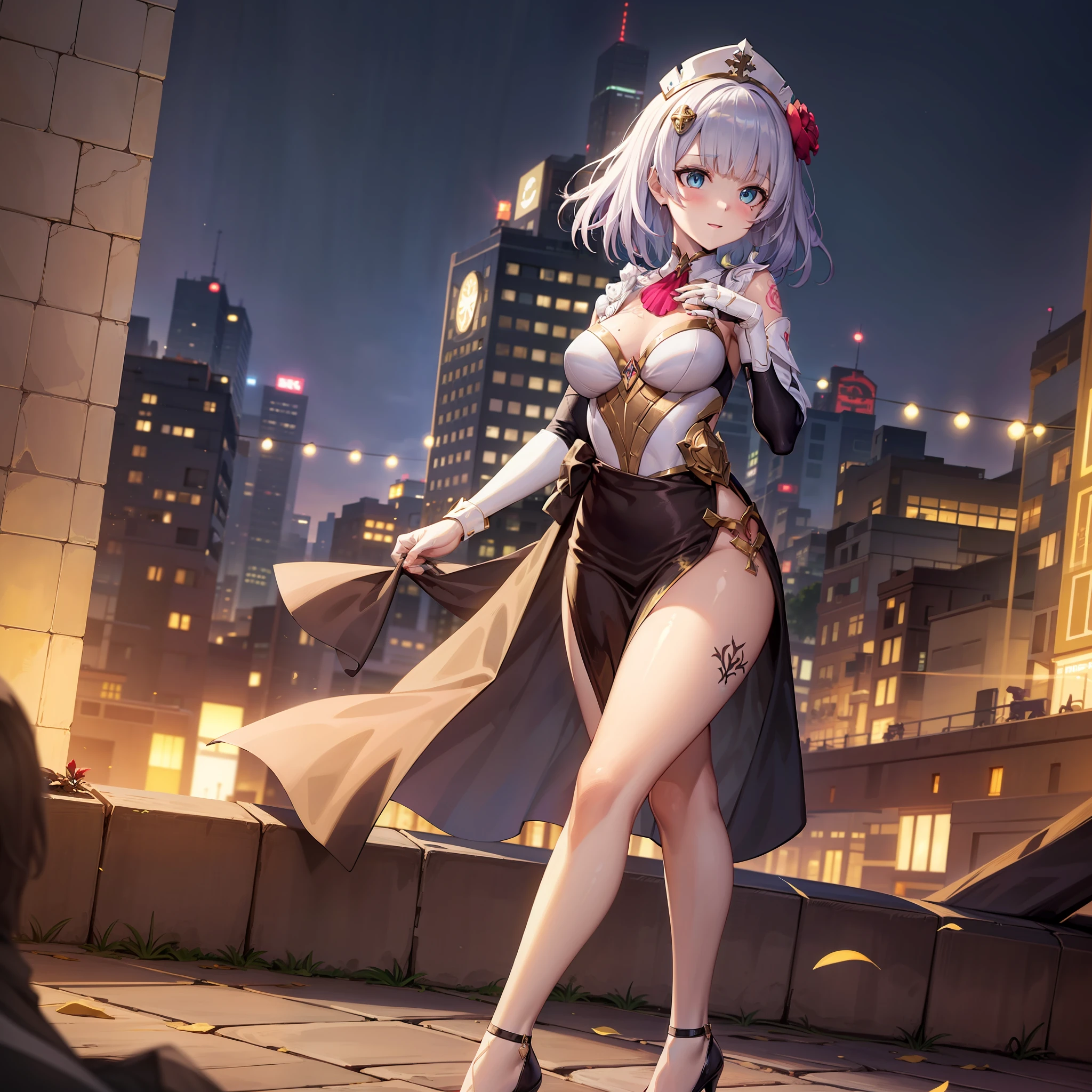 masterpiece, best quality, ultra-detailed, highres), perfect face, sidelighting,  lustrous skin, standing,
(bloom), (shine), lighting, ray tracing, sci-fi, city, street, outdoor, depth_of_field,
1girl,noelle \(genshin impact\), blue eyes ,  bangs, (hair ornament) , breast curtain, high heels, medium hair,tattoo, (chest bandges, legs bandged, chest)