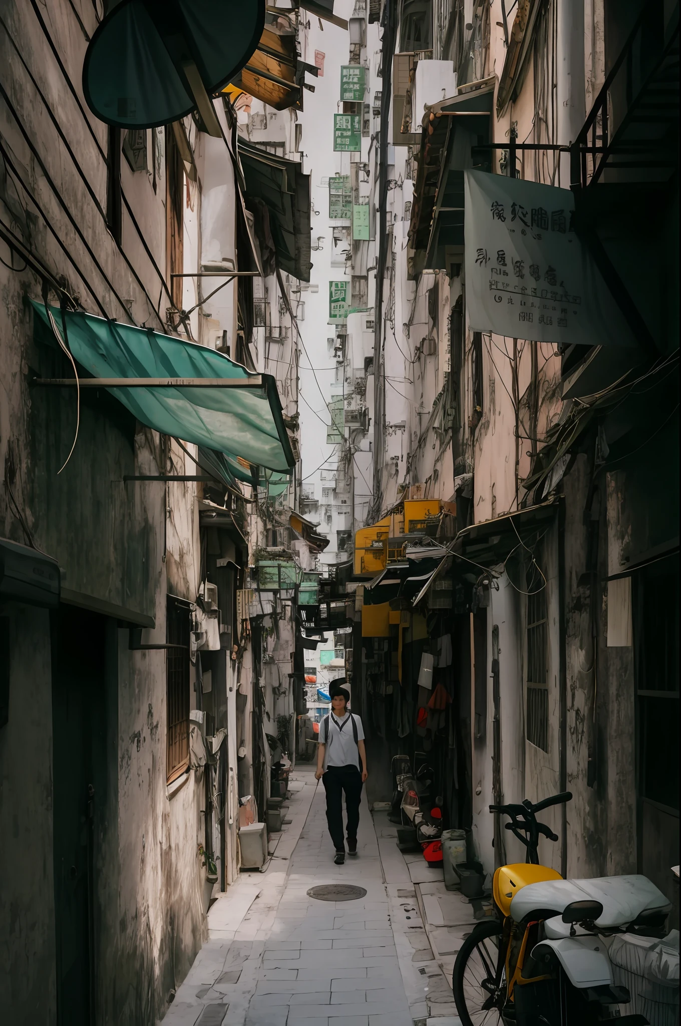 Alatei walked down a narrow alley,The bike was parked on one side, in a narrow chinese alley, alleys, alley, shady alleys, In an alley, standing in an alleyway, Narrow streets, alleys, Back alley, street of hong kong, narrow street, green alleys, street of hong kong, narrow and winding cozy streets