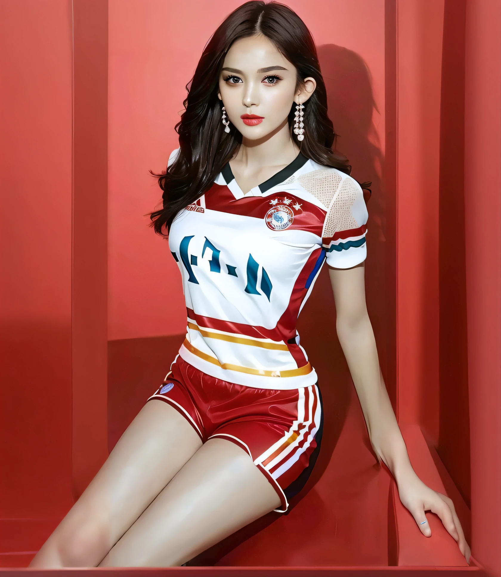 Close-up of a woman sitting on a red surface, in school uniform, shin min jeong, wearing a volleyball jersey, Sporty, park jimin, sakimichan hdri, goddes, sakimichan, Korean girl, Choi Hyun-hwa, 🚿🗝📝, Red Uniform, sun yunjoo