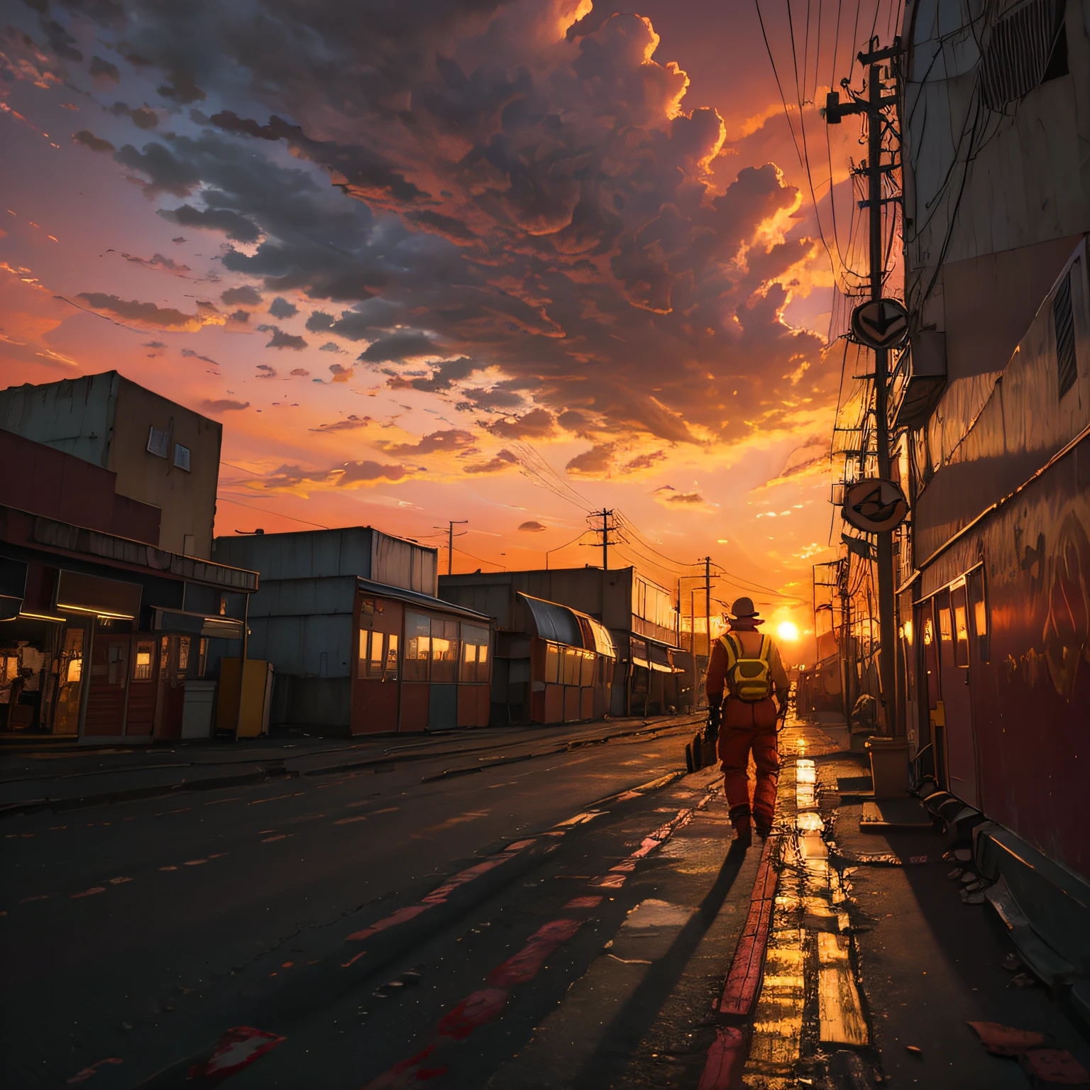 Inky clouds shrouded the city,Under the blood-red sunset,The back of the man in bright yellow fluorescent overalls is very small --auto