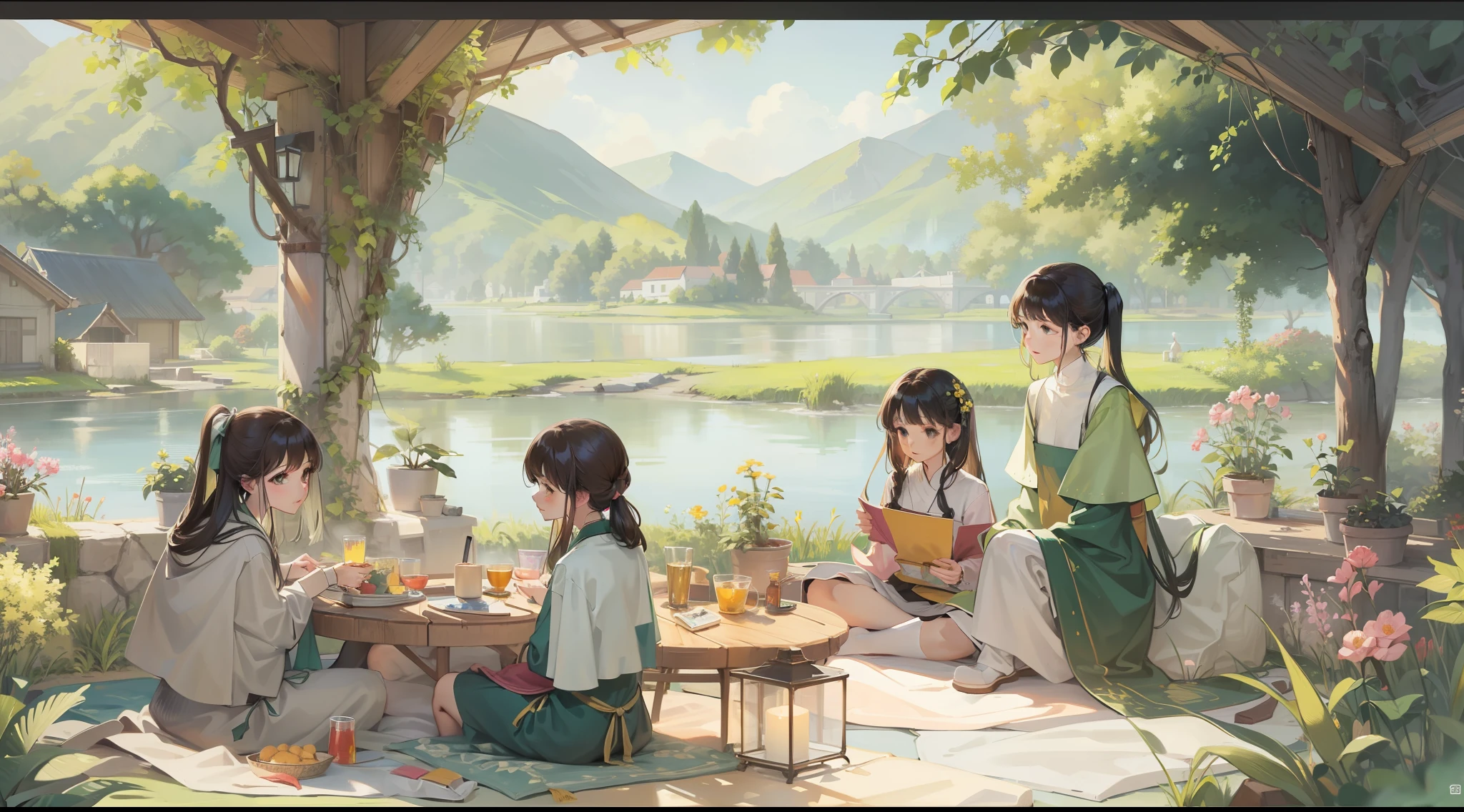 /imagine prompt: A peaceful community surrounded by green mountains and clear waters, far away from the hustle and bustle of the city. The houses are sparse but independent, and the residents have harmonious relationships with each other. Everyone gathers in the garden, exchanging their lives. by Manhua --niji 5