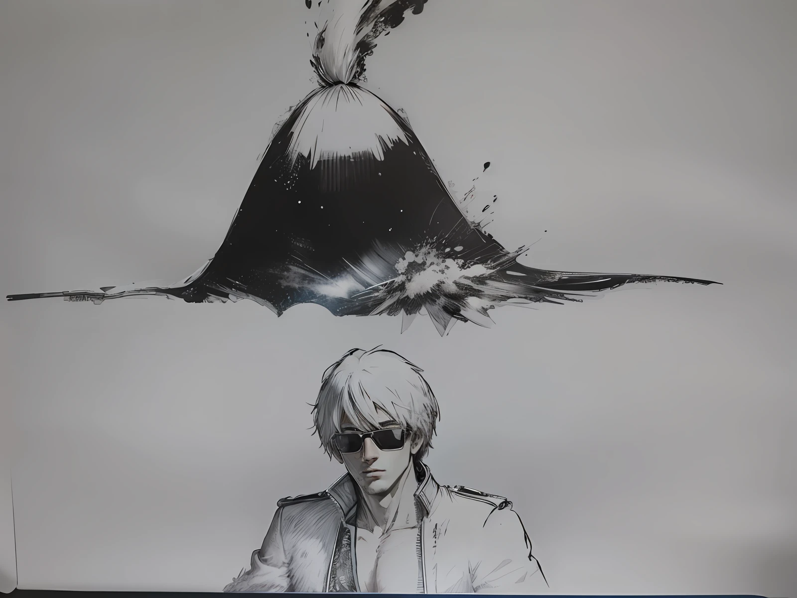 The character is K in The King of Fighters, Silver-white hair,The black leather coat reveals the pectorals,Black sunglasses,Face detail optimization