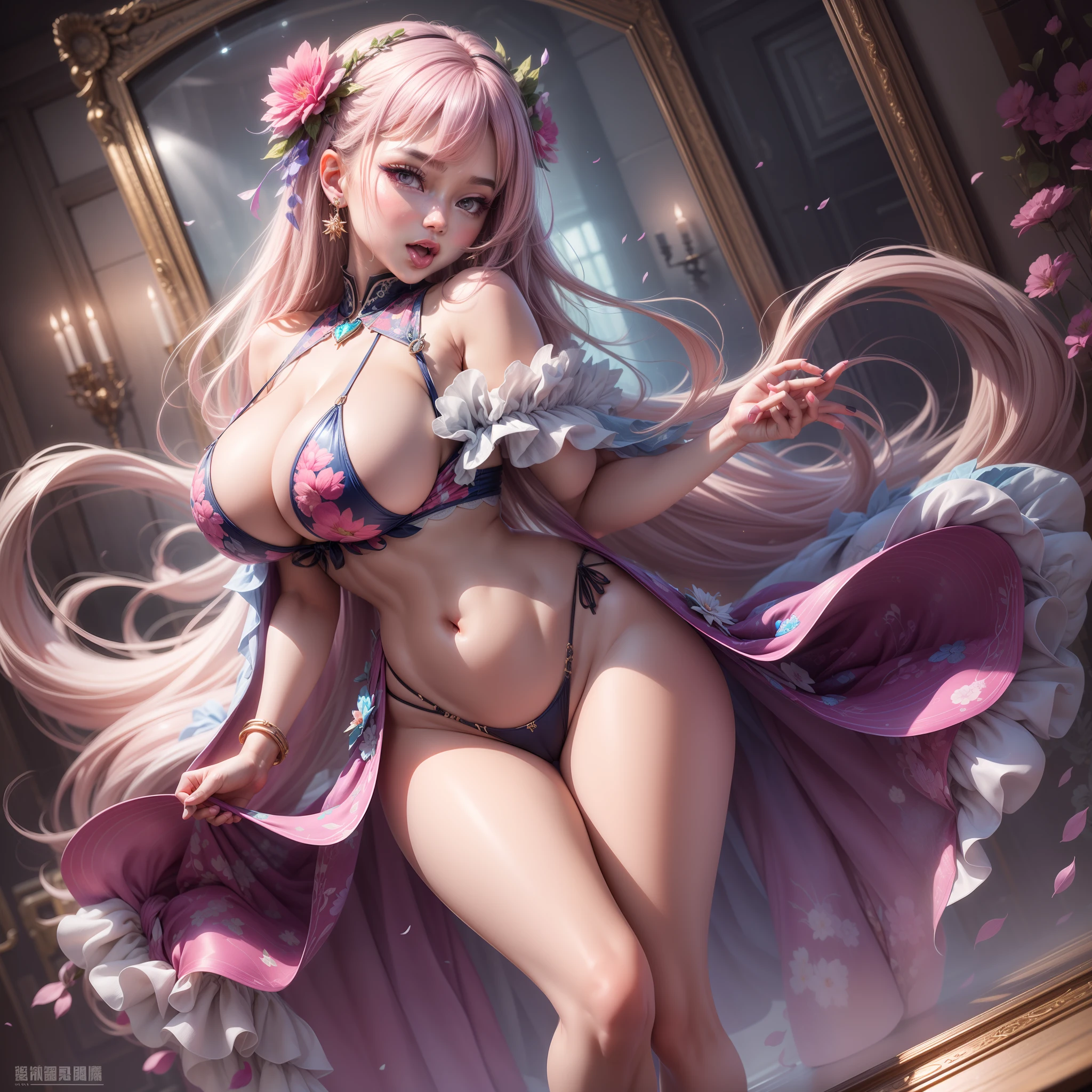 Best quality,Amazing,Masterpiece,Delicate,超高分辨率,Ultra detailed,intricately details,Beautiful detailed,8K resolution,(Extremely detailed Cg Unity 8K wallpaper),Sharp focus,((No text)),breast conscious,gigantic cleavage breasts,Areola Slip,Covered,Bursting breasts,Lively breasts,framed breasts,Micro bikinis with high transparency and transparency,Tongue stock,Makeup,cheerfulness,Reflectors,ahegao,Pink eyes,Heart earrings,1,Solo,Female pervert,view the viewer,hair flower,Long hair,multicolored hair,Shiny hair,Barefoot,Bottomless,Thick thighs,Bare legs,