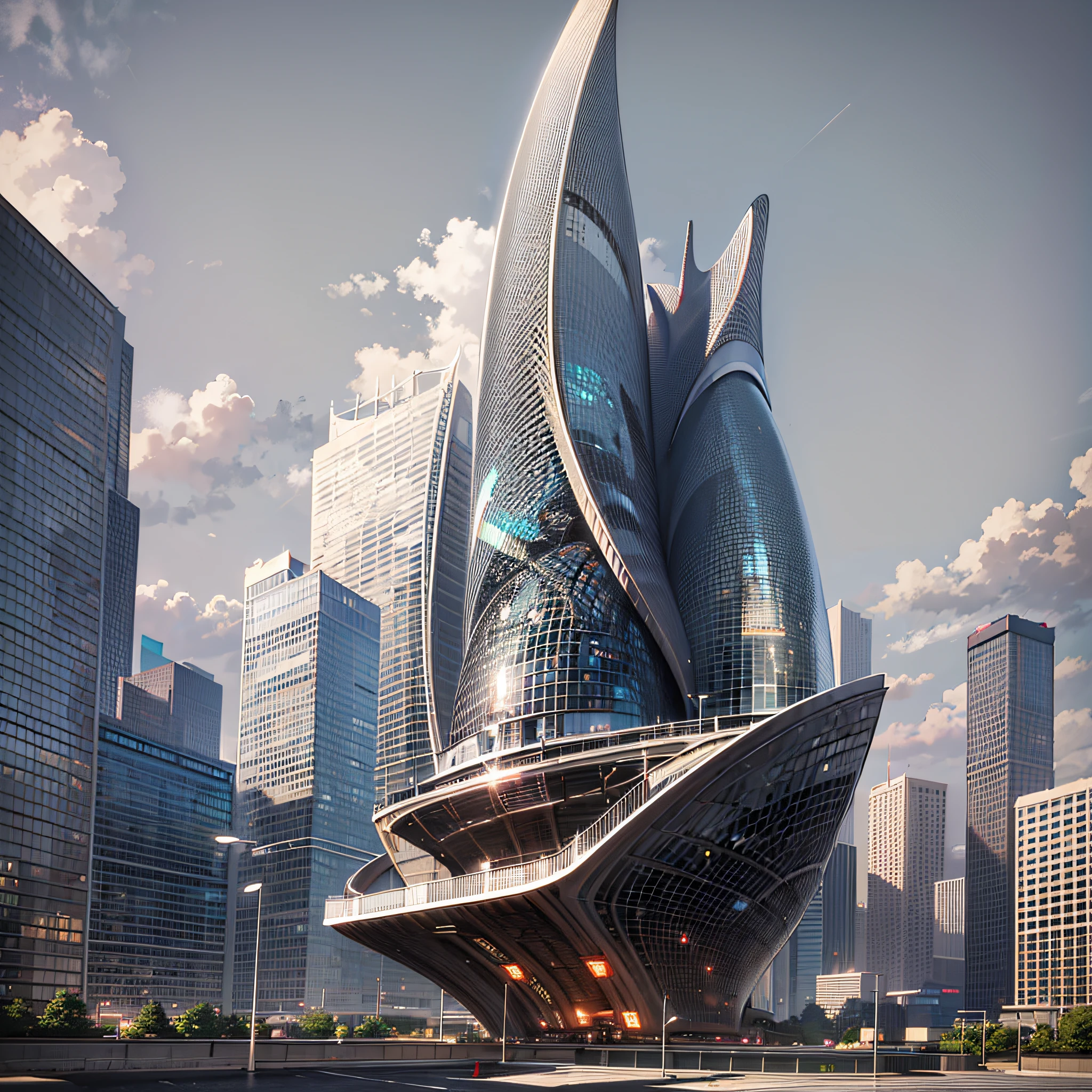 Tower,truth,The future cityscape is filled with awe-inspiring technological marvels. Towering skyscrapers rise into the clouds, boasting sleek and modern designs. The fusion of streamlined, curved, and geometric architectural structures with reflective materials and glass facades creates a mesmerizing futuristic landscape. On the streets, remarkable floating transportation vehicles glide swiftly, such as flying cars or maglev trains, exuding a high-tech exterior as they navigate the city's airspace style:Photographi