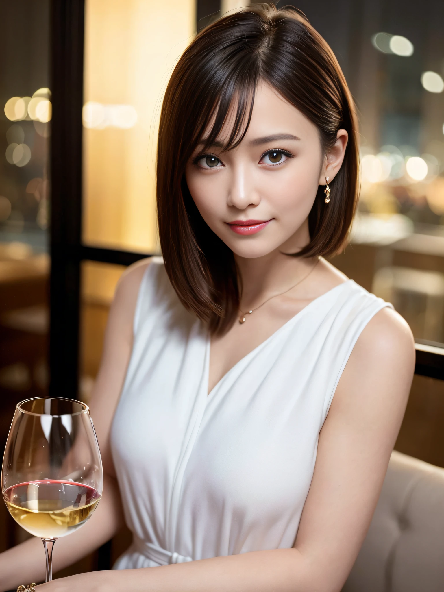 (64K, UHD, top quality, masterpiece: 1.2), (realistic, photorealistic: 1.37), super detailed, pretty woman 1 person, (slim face), (slim body), (brown hair), (short cut), cheeks slightly blushing, (44 years old), 38 years old, solo, beautiful detailed urban night view outside the window, restaurant, wine glasses sit, at night, in a prominent placeNovaFrogStyle, Actress, Model, Waist Up, White Wine, Slim, Wine Glass, Super Clean Night View, Wine Glass Put in the Middle, Happy Smile, (Smile: 1.15), Beautiful Fine Eyes, Upper Body, Bust Japan Up, Night, Short, Short, Actress, Model, Waist Up, White Wine, Slim, Wine Glass, Super Clean Night View, Wine Glass Put in the Middle, Happy Smile,