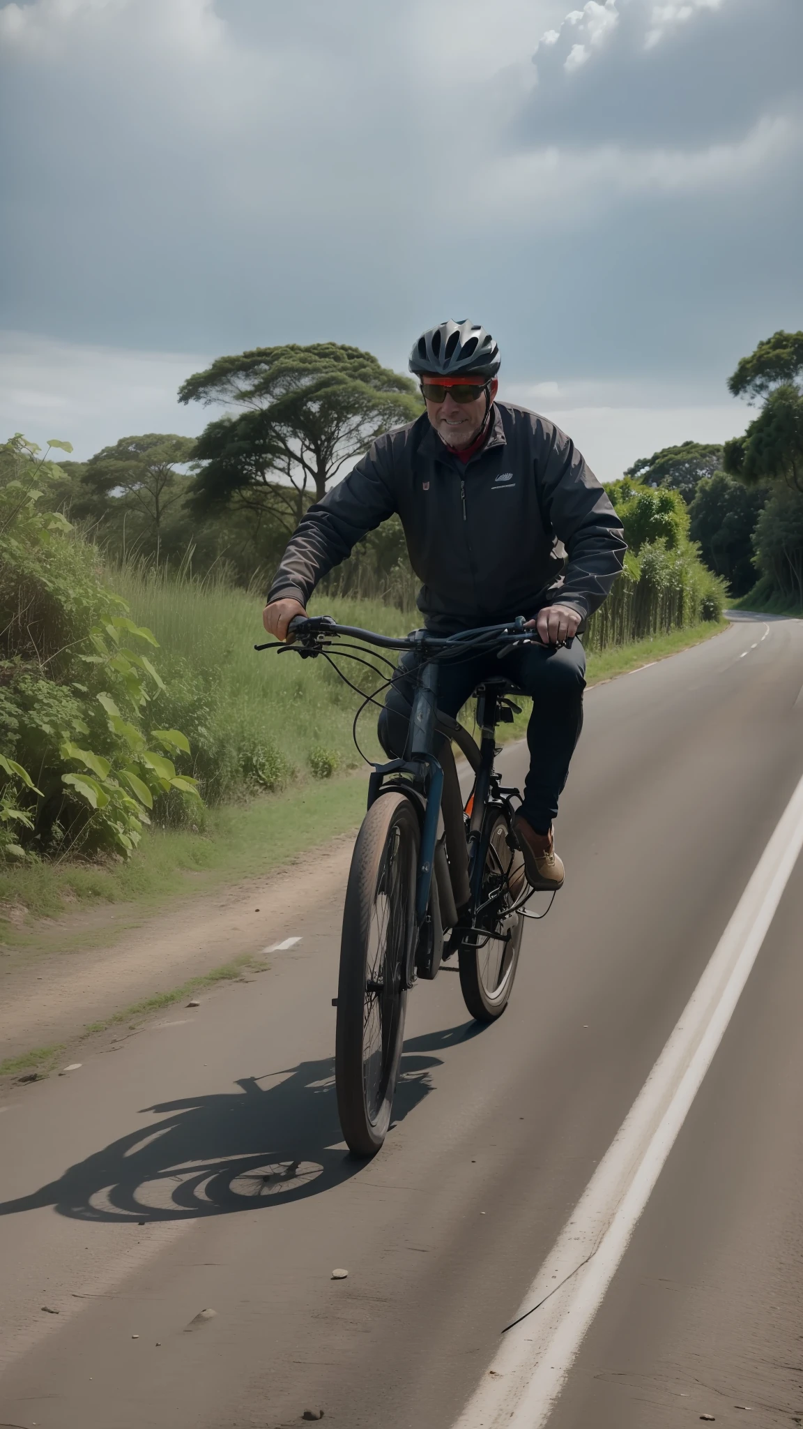 There's a man riding his bike down a highway with lush vegetation on the banks, em um dia de sol, com poucas nuvens brancas, in the morning, andar de bicicleta, ciclismo!!, Andar na estrada, Viagem de bicicleta Hoffman, trying to ride it, Directed by: David Ruby, with lots of vegetation, Bram Sels, arredores da cidade, horseback riding, album photo, Directed by: Derek Zabrocki, por Dan Content, imagem de perfil