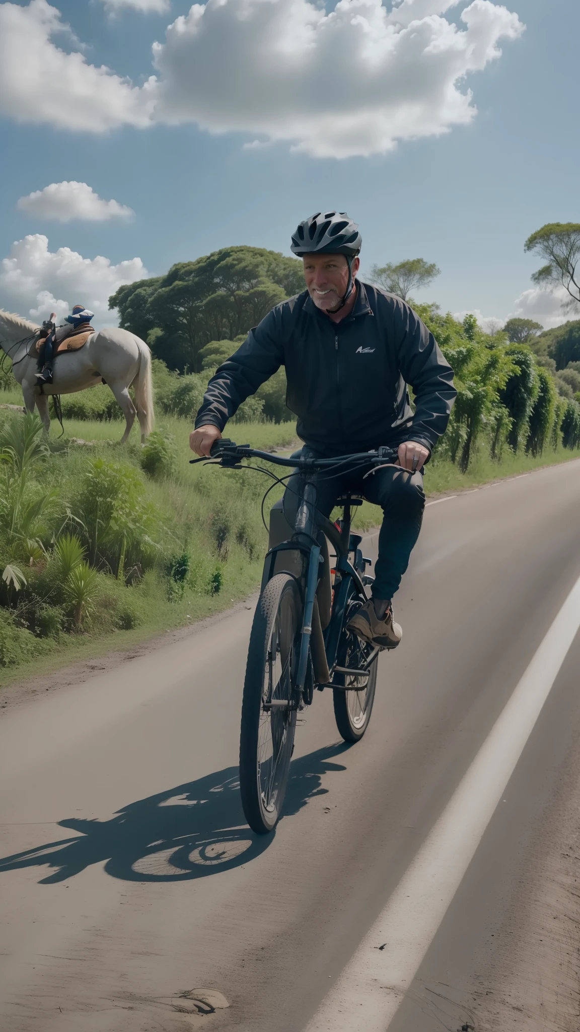There's a man riding his bike down a highway with lush vegetation on the banks, em um dia de sol, com poucas nuvens brancas, in the morning, andar de bicicleta, ciclismo!!, Andar na estrada, Viagem de bicicleta Hoffman, trying to ride it, Directed by: David Ruby, with lots of vegetation, Bram Sels, arredores da cidade, horseback riding, album photo, Directed by: Derek Zabrocki, por Dan Content, imagem de perfil