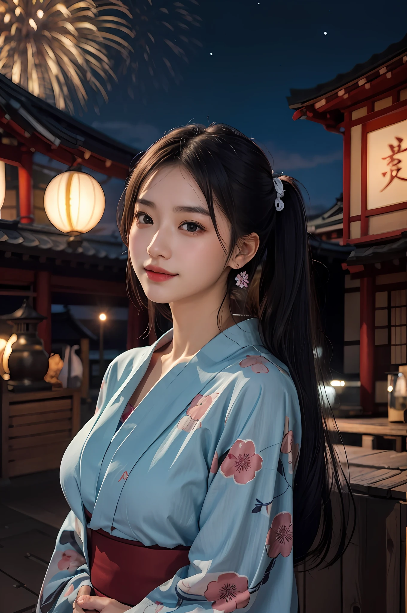 Woman in floral blue yukata poses for photo, beautiful japanese female, Beautiful Japan girl, Beautiful young Japan woman, Beautiful Japan woman, God the Woman of Japan, the face of a beautiful Japanese girl,nigh sky、Night sky in the background,There are many big fireworks in the sky、