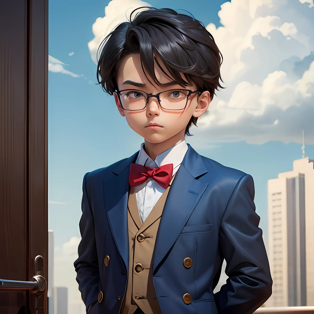 younge boy，Detective Conan，Sky blue suit，red bow，of a real
