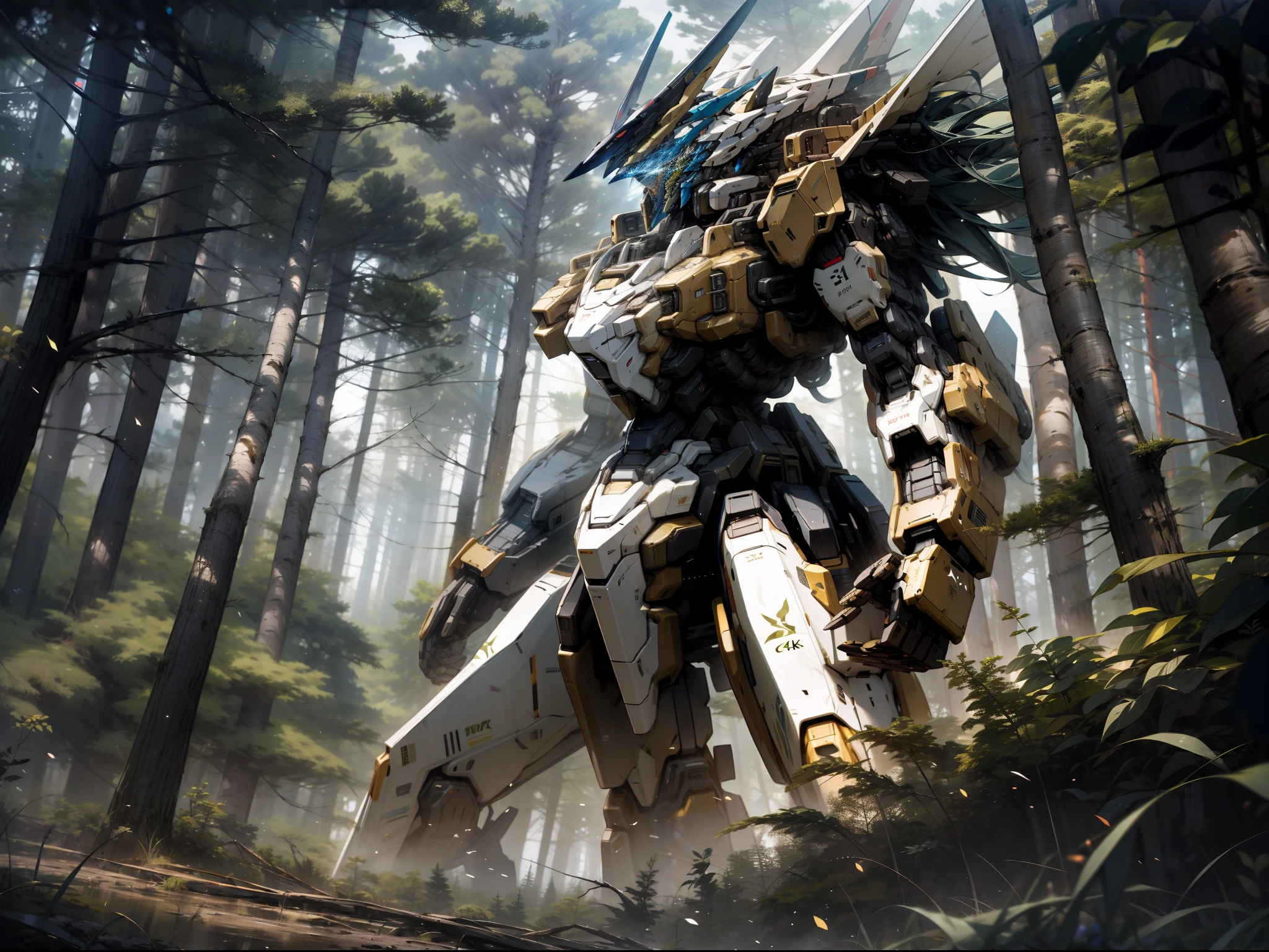 "Forest landscape, stunning 4k artwork featuring a mesmerizing black-gold mecha."
