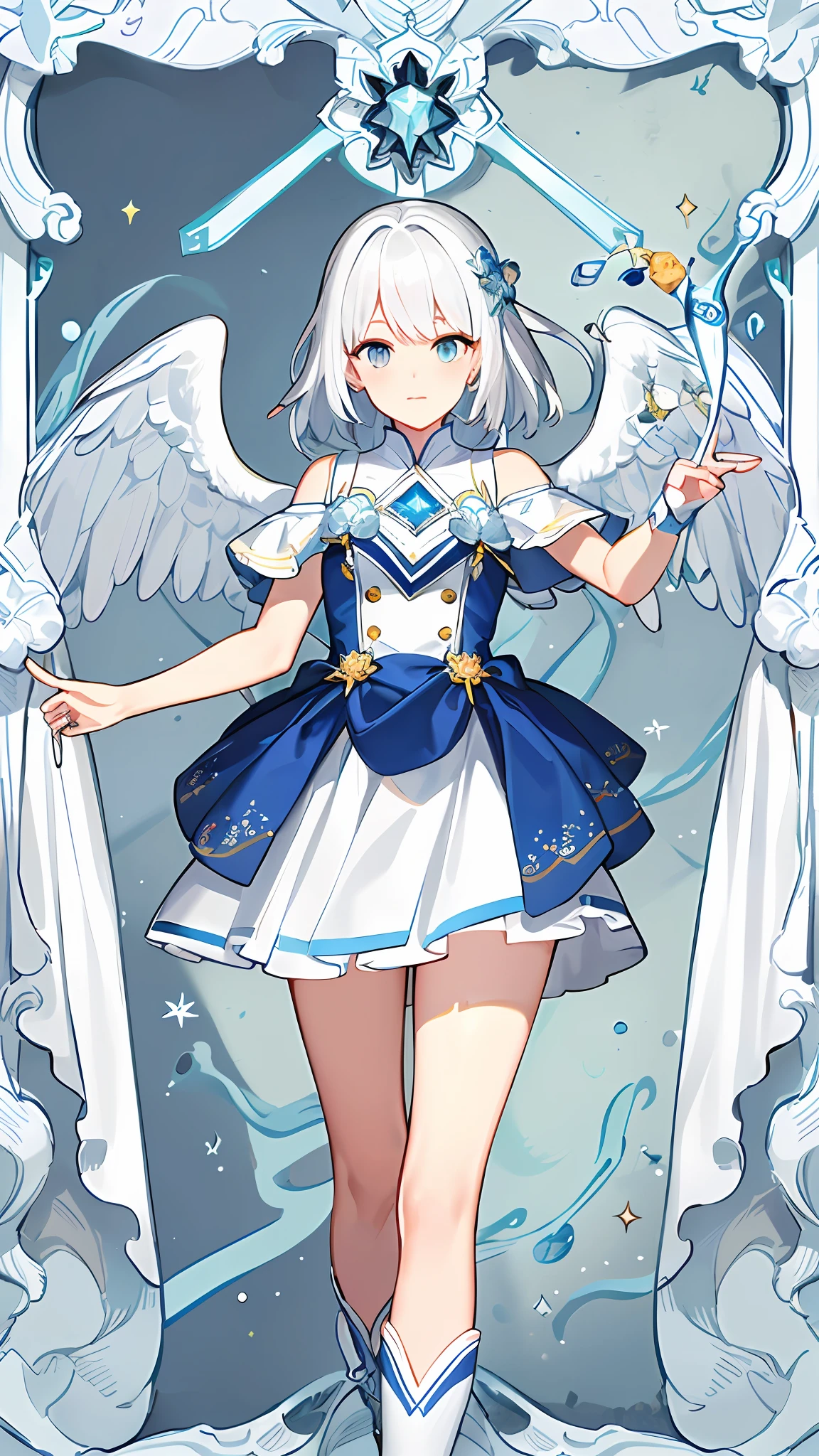 ((​masterpiece、top-quality、Top image quality、white  hair、Aimei、angelicales、light blue background