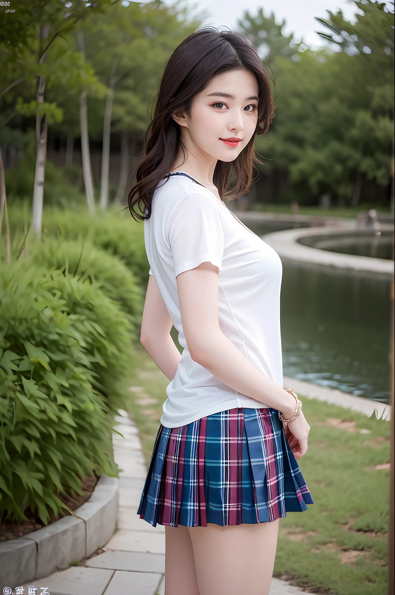 nsfw, 8K raw photo, Best quality, masterpiece, ultra high res, film grain, filmg, 1girl, looking at viewer, natural skin texture, realistic eye and face details, full lips, lipstick, (makeup), red eyeshadow, fluffy short hair, messy hair, smile, close mouth, beautiful legs, tall female, skinny, slim_legs, solo, enormous breast, cleavage, Pose with buttocks facing you, ultra short skirt, ass, shirt, beautiful nature location, around flower location, (detailed background), plaid skirt, white shirt, enormous breast, cleavage, Show a little cleavage through the shirt, loafers, blurry background, blurry, holding, plaid, short sleeves, jk ribbon on the neck, jk ribbon, brown hair, bracelet, water, bangs, school uniform, jewelry, parted lips, lips, from side, pleated skirt, depth of field