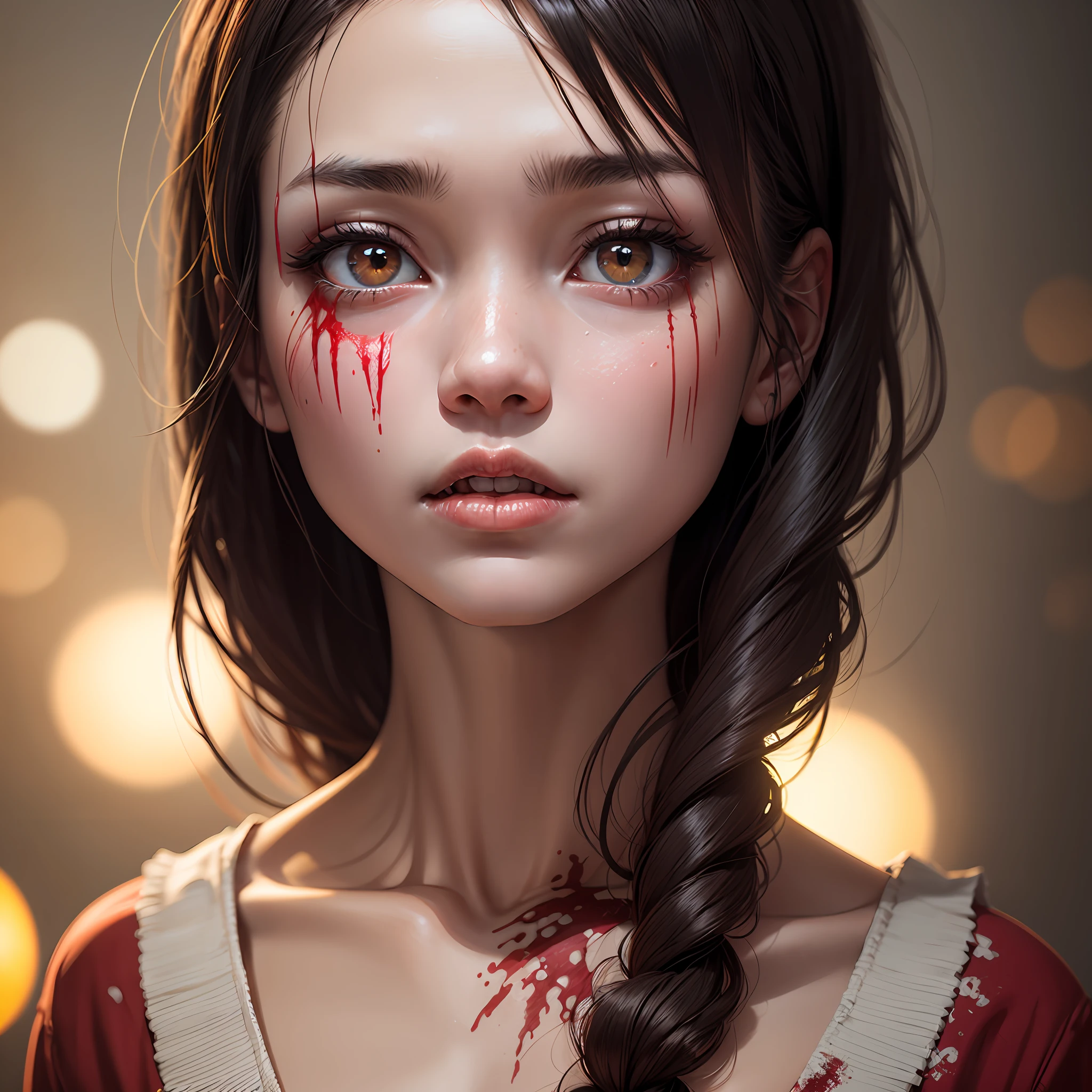 Super meticulous, Physical rendering, 超高分辨率,,Background bokeh,sharp fokus,staring at the audience,Twisted face,No eyelids,light make-up,Willow eyebrows,Large mouth of blood,exophthalmos,Three-dimensional facial features,Feel like a new person,photorealistic effect,best qualtiy,extremely detail face,Extremely detailed eyes and face,Zombie eyes,Unforgettable nausea,floated hair,Dim environment,Chinese girl --auto