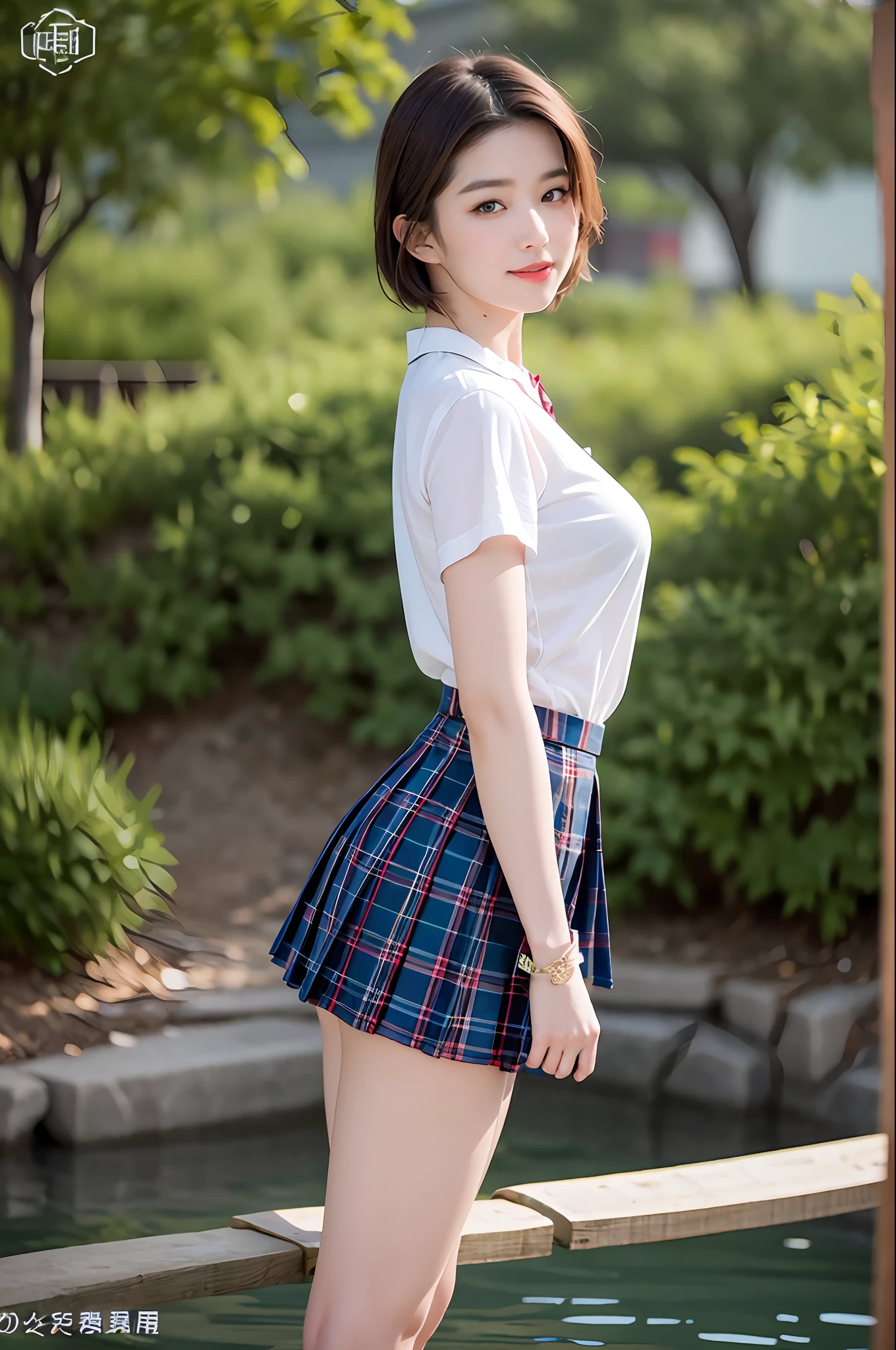nsfw, 8K raw photo, Best quality, masterpiece, ultra high res, film grain, filmg, 1girl, looking at viewer, natural skin texture, realistic eye and face details, full lips, lipstick, (makeup), red eyeshadow, fluffy short hair, messy hair, smile, close mouth, beautiful legs, tall female, skinny, slim_legs, solo, enormous breast, cleavage, Pose with buttocks facing you, ultra short skirt, ass, shirt, beautiful nature location, around flower location, (detailed background), plaid skirt, white shirt, enormous breast, cleavage, Show a little cleavage through the shirt, loafers, blurry background, blurry, holding, plaid, short sleeves, jk ribbon on the neck, jk ribbon, brown hair, bracelet, water, bangs, school uniform, jewelry, parted lips, lips, from side, pleated skirt, depth of field