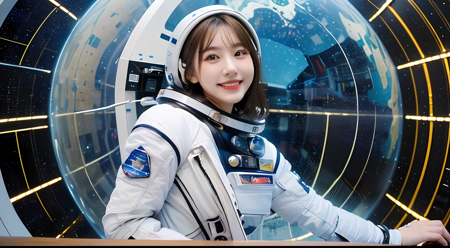 best quality, masterpiece, ultra high res, (photorealistic:1.4), RAW photo,cinematic lighting,(Perfect anatomy:1.5),(1 japanese girl:1.5),20 years old,big breasts,(detailed beautiful face:1.5),(real skin:1.5),slender,thin legs,(big eyes:1.2),(smiling:1.3),detailed clotes,(space suit:1.5),(Planet Neptune:1.2),(spaceship:1.5),(science fiction),(outer space),(background of small spaceplanes:1.5),
