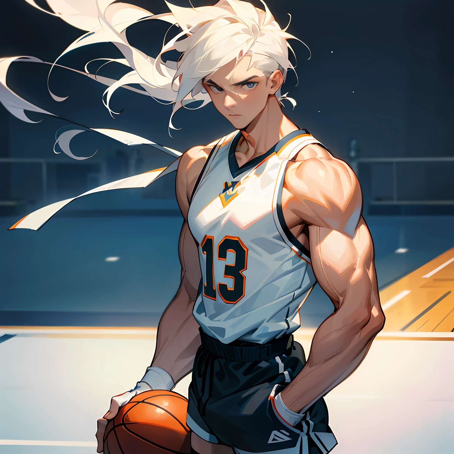 Highest accuracy，Muscular man wearing only basketball shorts，Shirtless，Lower body erection，White socks，Basketball shoes，Lower body details，Thick pubic hair，The handsome face of the youth，The expression is shy，Short white hair，The background is a basketball court，The background is rich in detail，Sporty wind