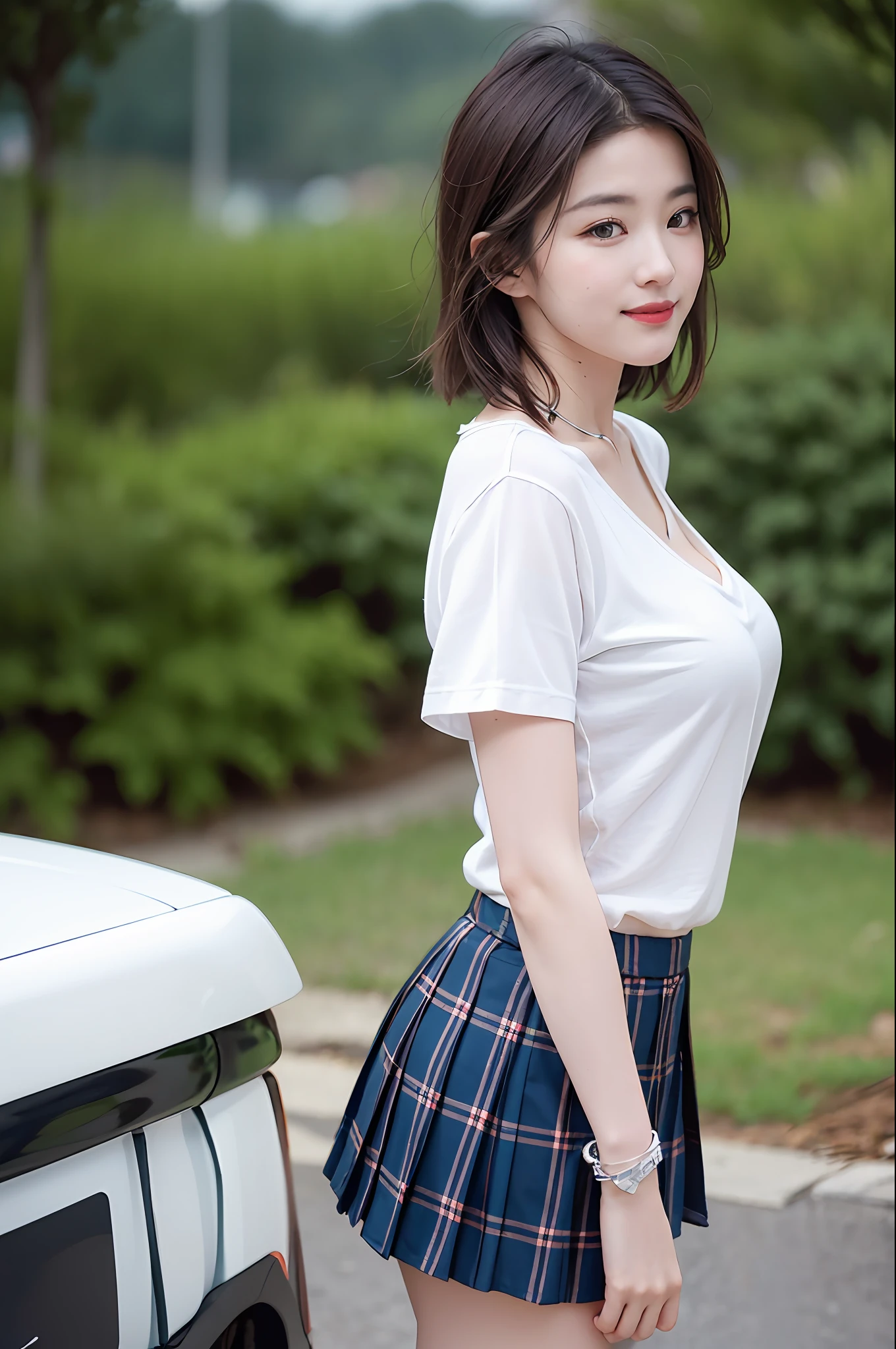 nsfw, 8K raw photo, Best quality, masterpiece, ultra high res, film grain, filmg, 1girl, looking at viewer, natural skin texture, realistic eye and face details, full lips, lipstick, (makeup), red eyeshadow, fluffy short hair, messy hair, smile, close mouth, beautiful legs, tall female, skinny, slim_legs, solo, enormous breast, cleavage, Pose with buttocks facing you, ultra short skirt, ass, shirt, beautiful nature location, around flower location, (detailed background), plaid skirt, white shirt, enormous breast, cleavage, Show a little cleavage through the shirt, loafers, blurry background, blurry, holding, plaid, short sleeves, jk ribbon on the neck, jk ribbon, brown hair, bracelet, water, bangs, school uniform, jewelry, parted lips, lips, from side, pleated skirt, depth of field