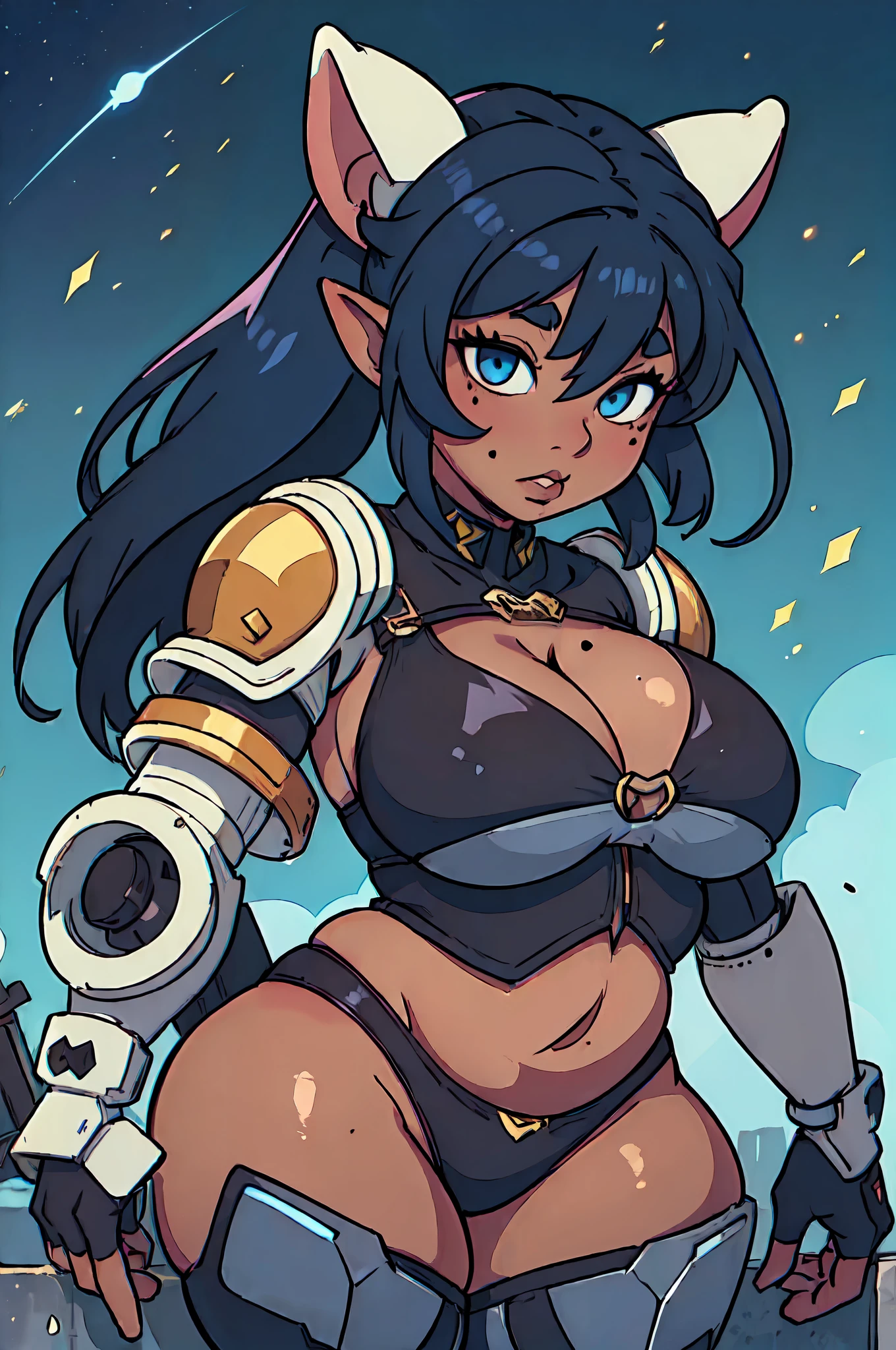 (dark skinned:1.7), goblin, goblin girl, blue hair, very long hair, dark_ skin, very_dark_skin, dark skin goblin, dark-skinned girl, wide body, small stature, very chubby, cute goblin, (huge breast:1.4), hair between eyes, twintails, chubby, chubby girl goblin, wide hips, blue eyes, mole, mole on chest, age up, lips, big lips, big noise, thick eyebrows, body with fur, short girl, twintails, (thick:2), soldier, ciborg, armor, future armor, mecha, mechanized armor, full armor