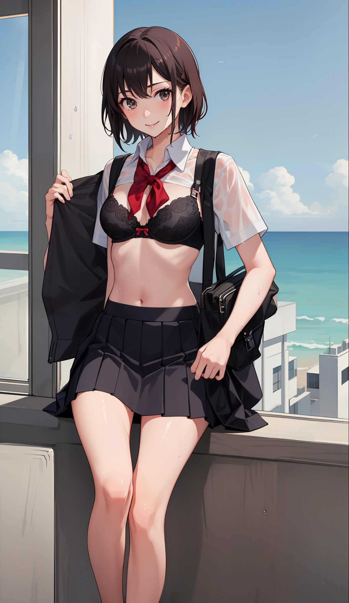 1 girl, smile, shirt, skirt, (small) chiralism, Japan high school school uniform, seravuk, summer clothes, squall-wet uniform, sheer bra, (portrait from knee up),