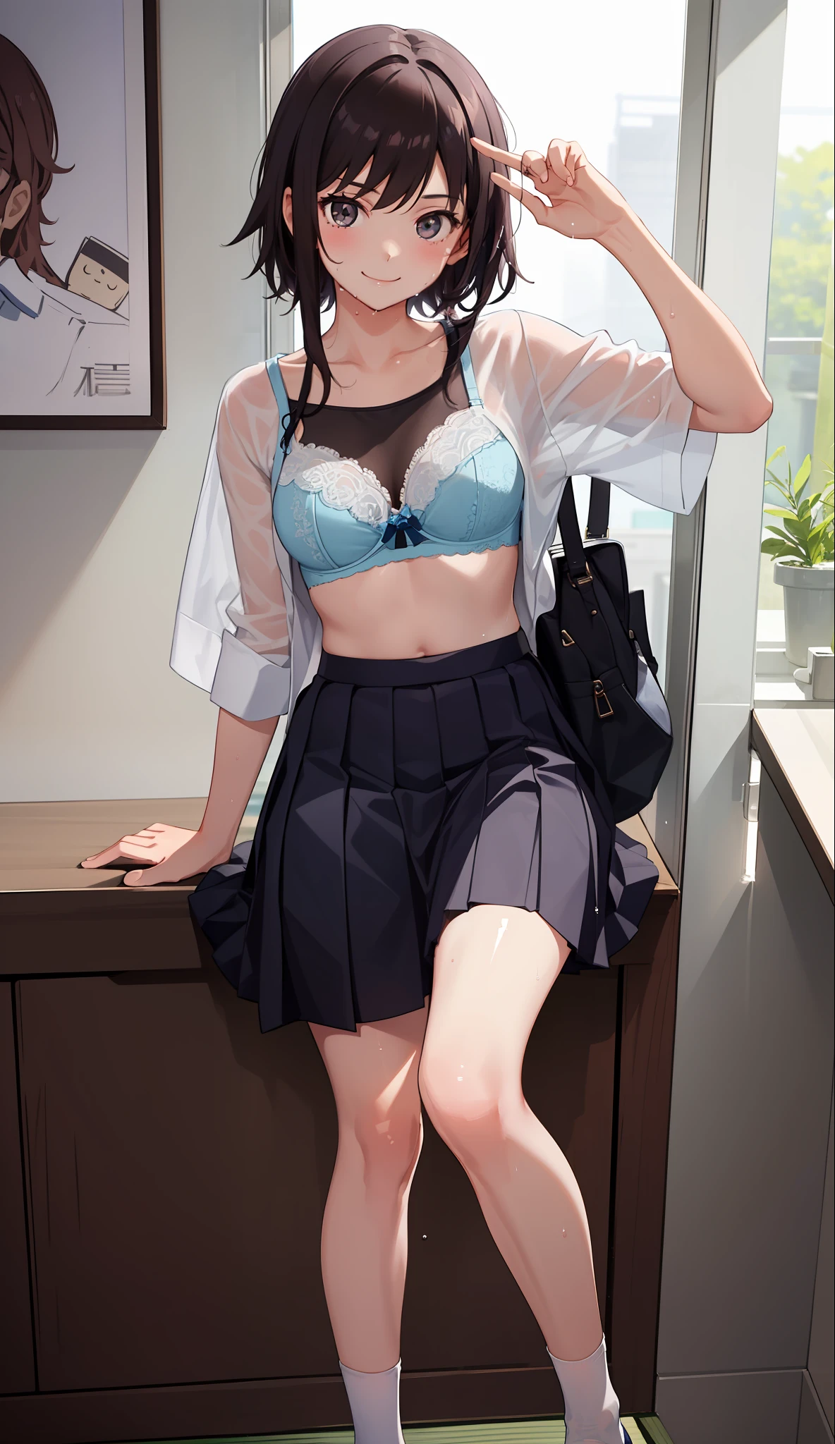 1 girl, smile, shirt, skirt, (small) chiralism, Japan high school school uniform, seravuk, summer clothes, squall-wet uniform, sheer bra, (portrait from knee up),