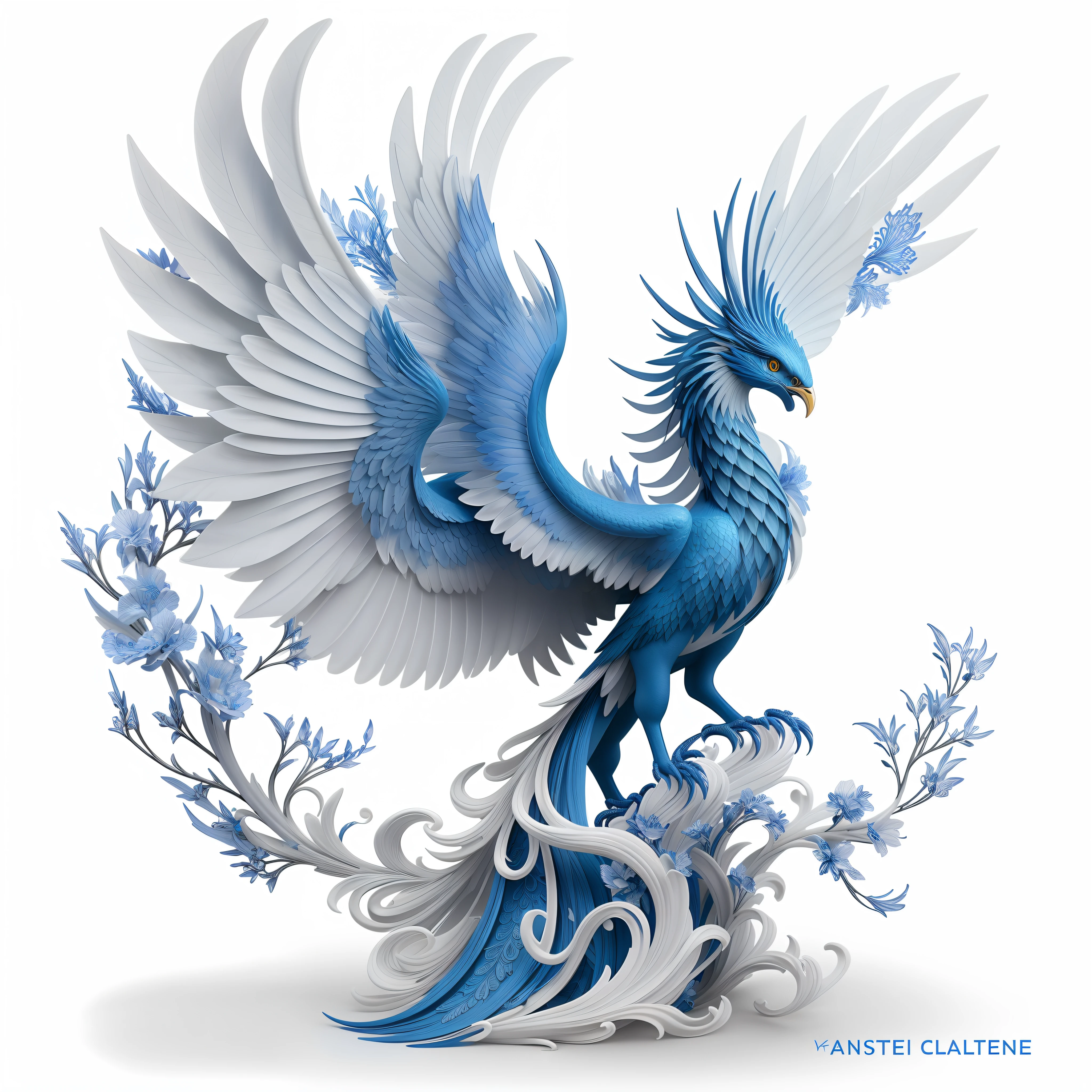 Close up of bird spreading its wings on white background, blue phoenix bird, intricate ornate anime cgi style, phoenix dragon, Detailed digital 3D art, intricate 3 d sculpture, author：Kan Lee, highly detailed sculpture, 8K high quality detailed art, Eat Zhuoxin, resin statue, intricate 3 d illustration, Highly detailed digital art, Jellyfish Phoenix Dragon Official Art，统一 8k 壁纸，ultra - detailed，Beauty and aesthetics，big breasts beautiful，tmasterpiece，Best quality at best，（zentangle，datura，Tangles，entangled），（ecstasy of flower：1.2）dynamic angle，The most beautiful form of chaos，ellegance，Fauvistdesign，vivd colour，romanticism lain，atmospurate，Blue and white porcelain，Escultura，Clear lines --auto