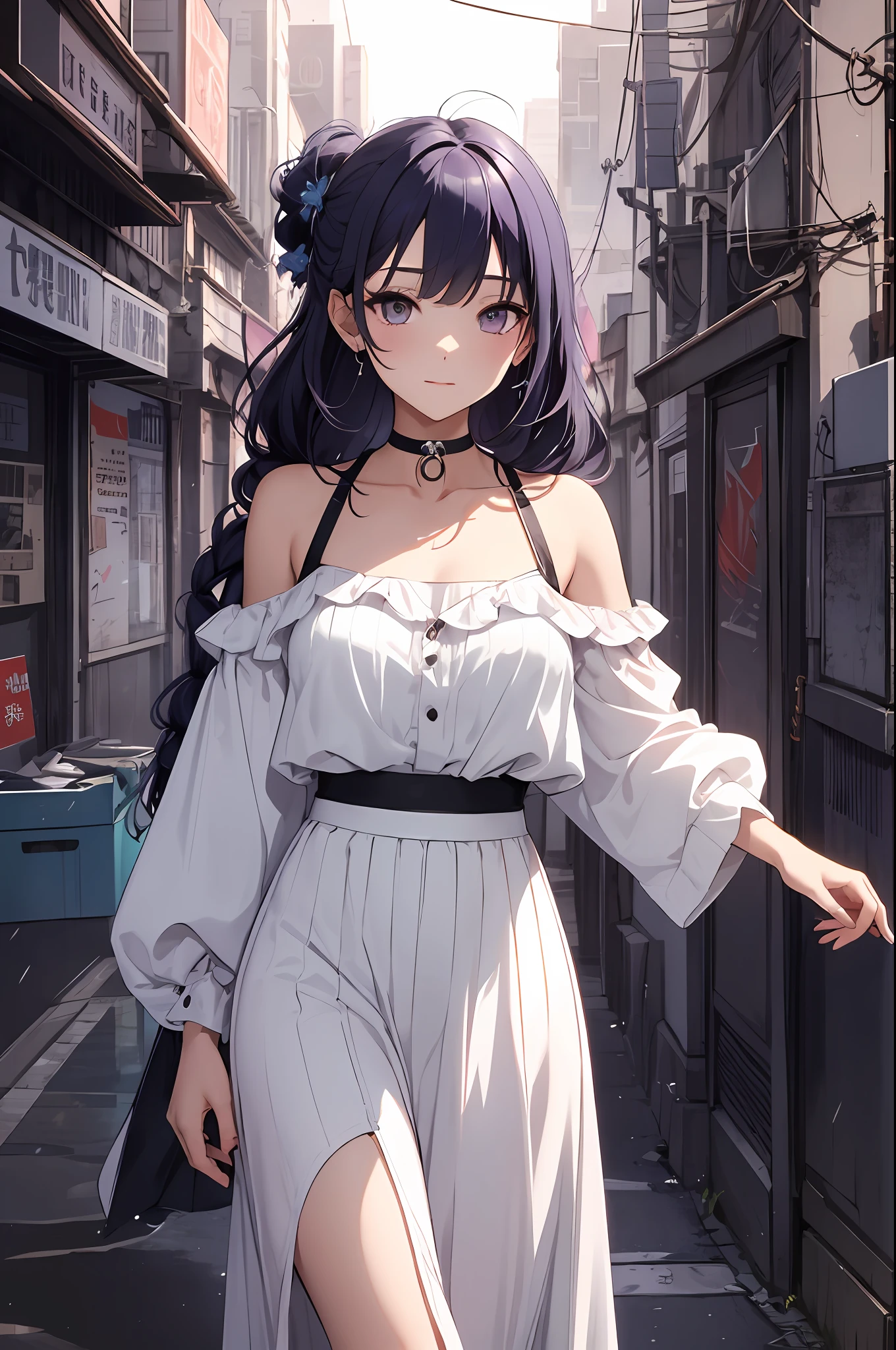 (((best qualtiy,tmasterpiece))),highly detailed,复杂,Beautiful cool avant-garde((1girll)),独奏,a white long skirt,stocklings,Lavender long braid hair,choker necklace,Dystopian city alleys,Overlooking,greet,Mischievous