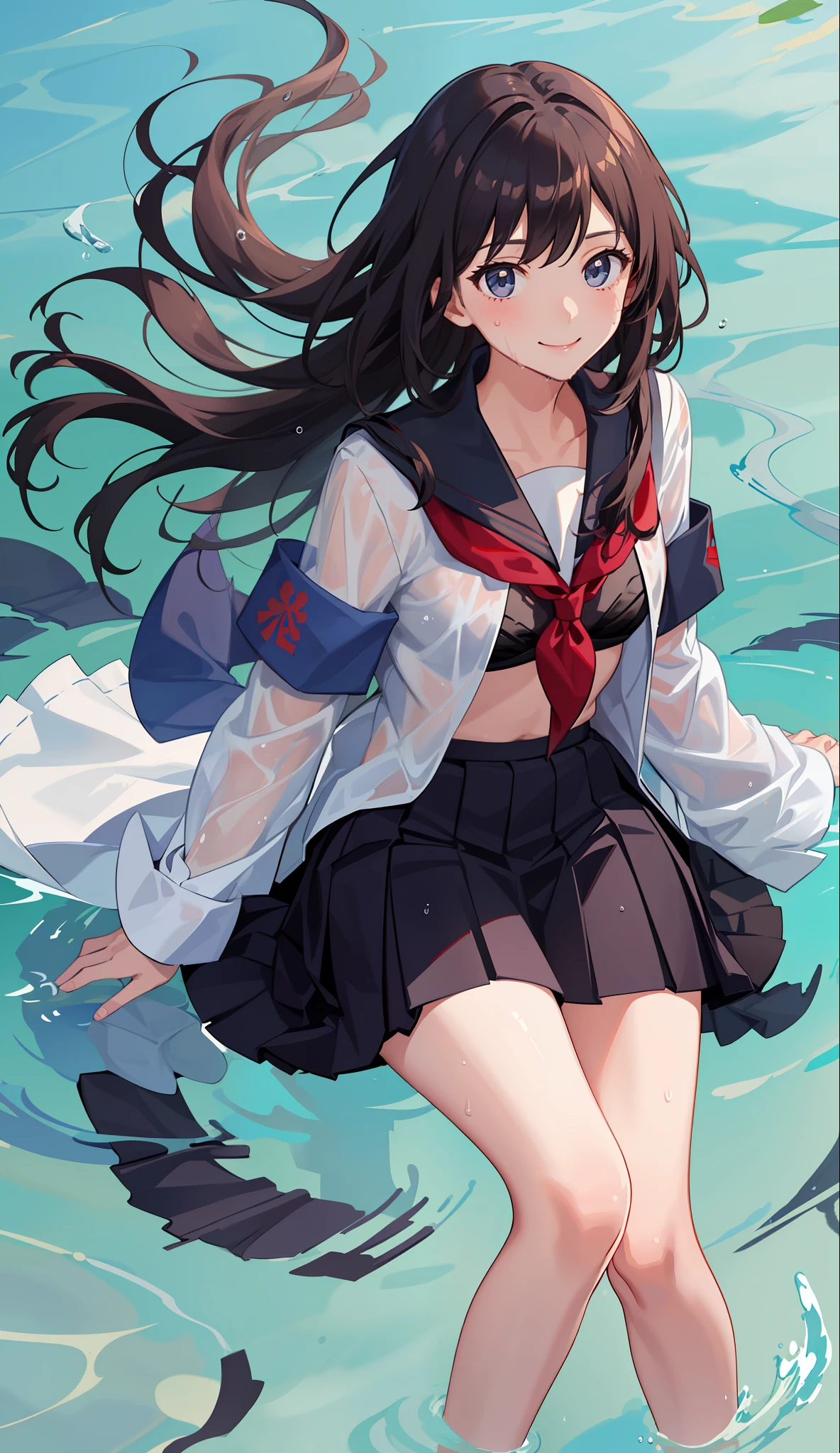 1 girl, smile, shirt, skirt, (small) chiralism, Japan high school school uniform, seravuk, summer clothes, squall-wet uniform, sheer bra, (portrait from knee up),