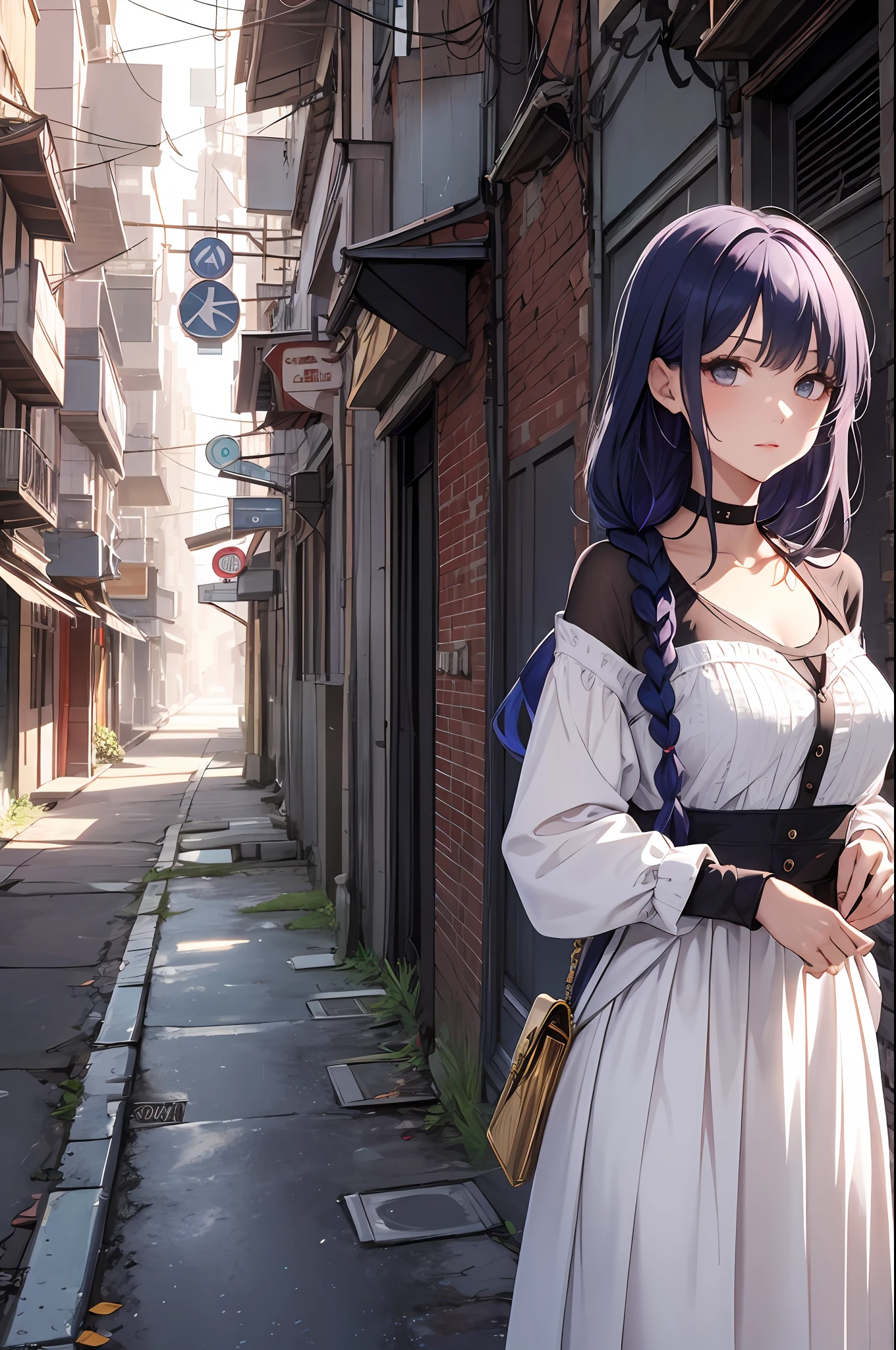 (((best qualtiy,tmasterpiece))),highly detailed,复杂,Beautiful cool avant-garde((1girll)),独奏,a white long skirt,stocklings,Lavender long braid hair,choker necklace,Dystopian city alleys,Overlooking,greet,Mischievous