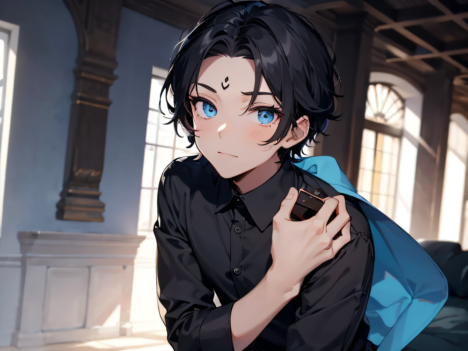 Cartoony,(The boy),Male focus,((There is a black full moon on the forehead1.5))Dark hair,Blue eyes,((inside a room))Hair is sandwiched between the eyes,looking at viewert,bachelorhood,longer sleeves,short detailed hair,shirt,(Black card in hand)