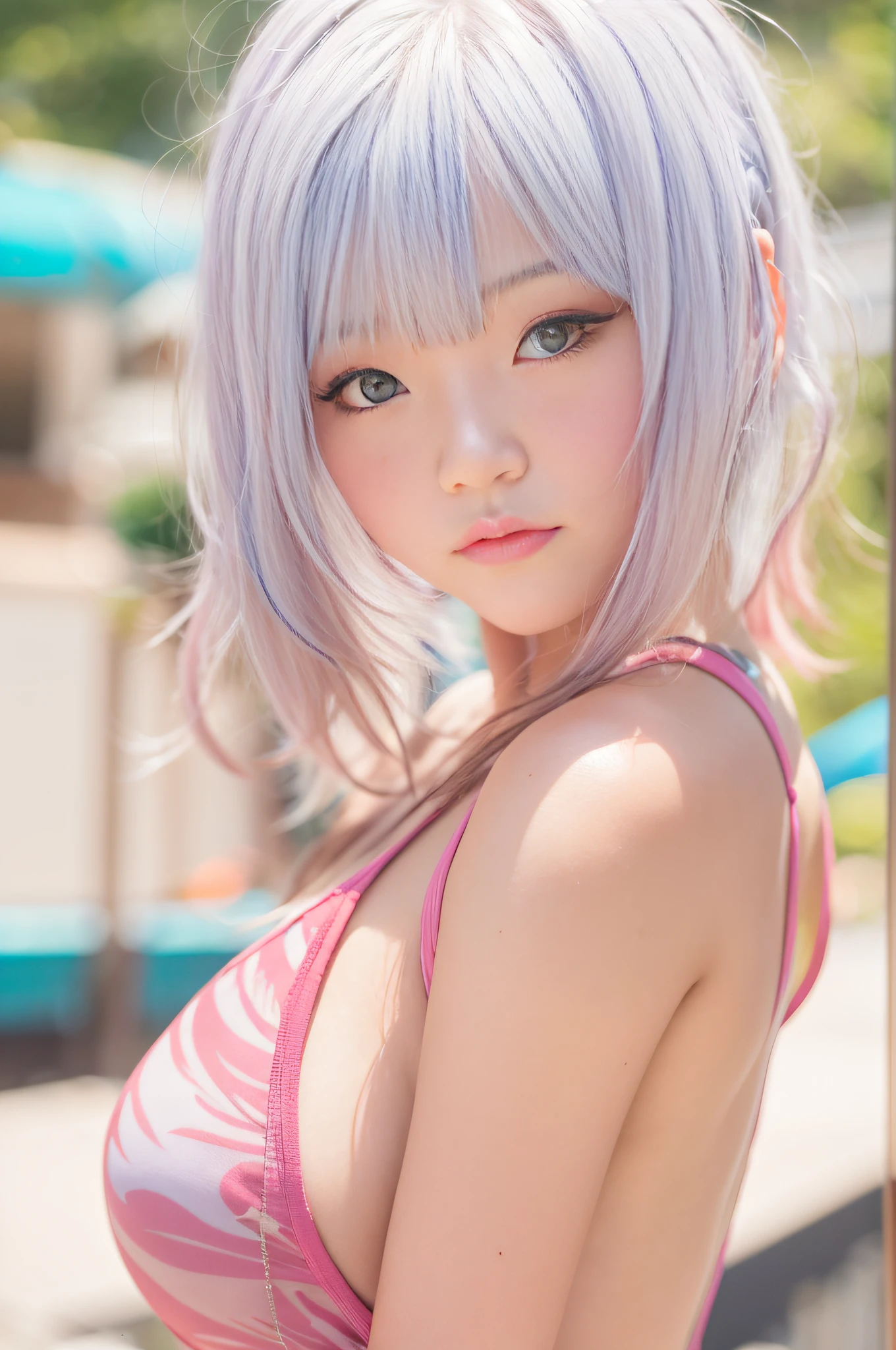 a japanese girl,A pink-haired,short-cut,Eyes are blue,White swimsuit,with round face,Colossal tits,Live action,full bodyesbian,realisitic