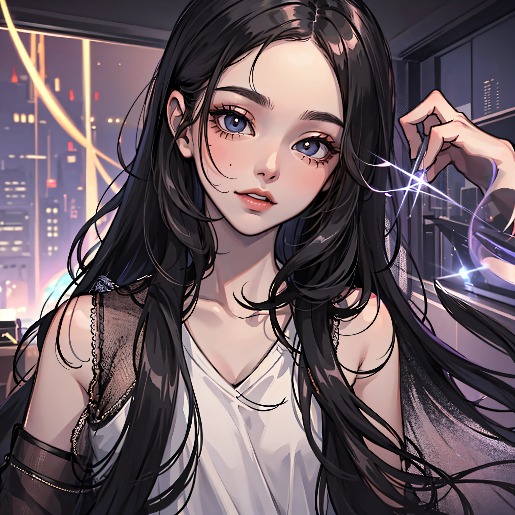 (tmasterpiece,best qualtiy:1.2),looking at viewert,(Early adolescence:1.2),(cinematic ligh:1.4),wavy black hair,(shiny skins,Bright Skin:1.2),inside in room,