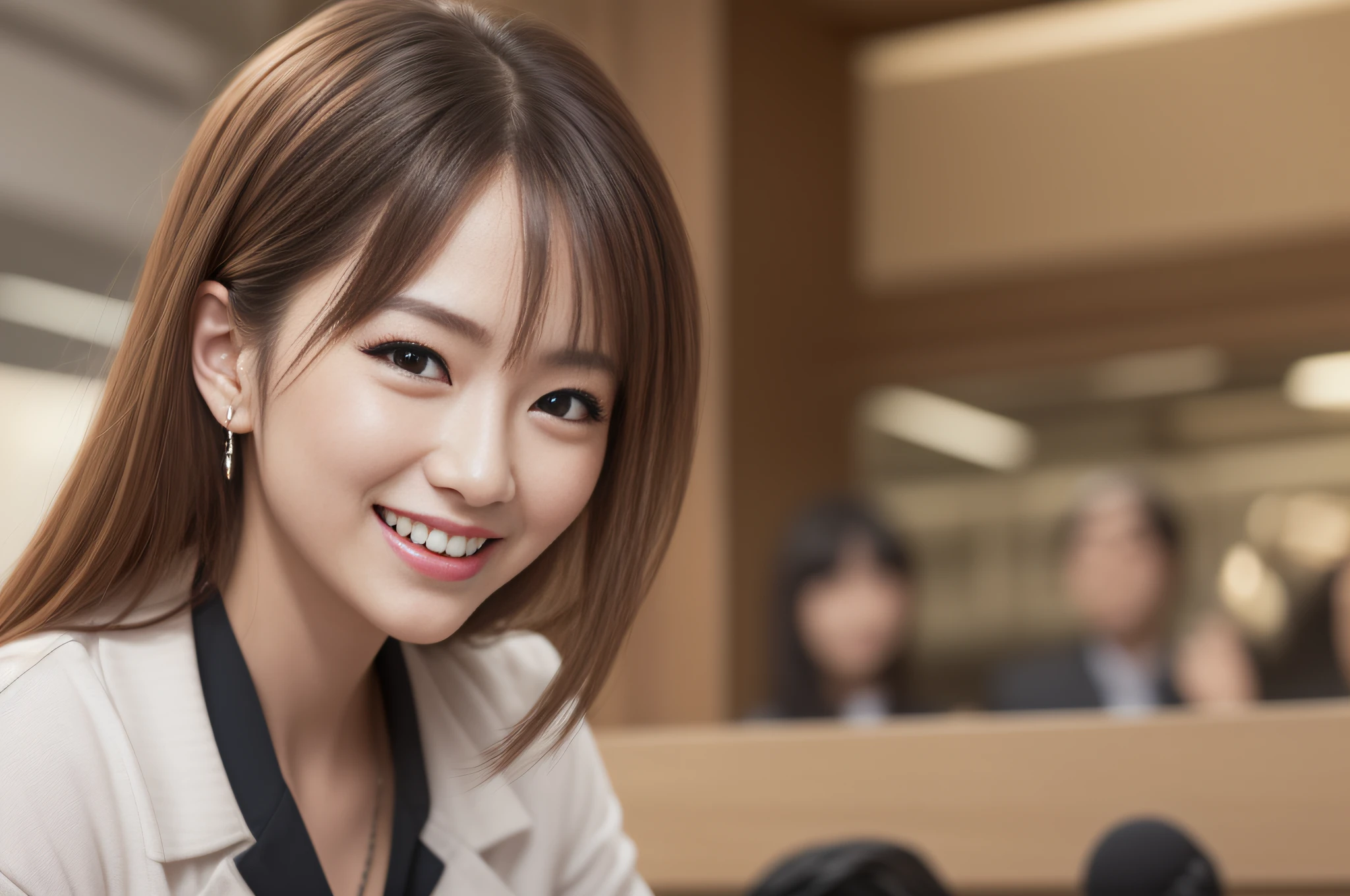 ​masterpiece、Ultra high definition CG unified 8k wallpaper、4K+resolution、8K、Top image quality、super detailing、beautiful detail、A hyper-realistic、business sui、3 women、two male、japanes、s Office、conversation、leader、a smile、Laughing、is standing、Listening、Addressing