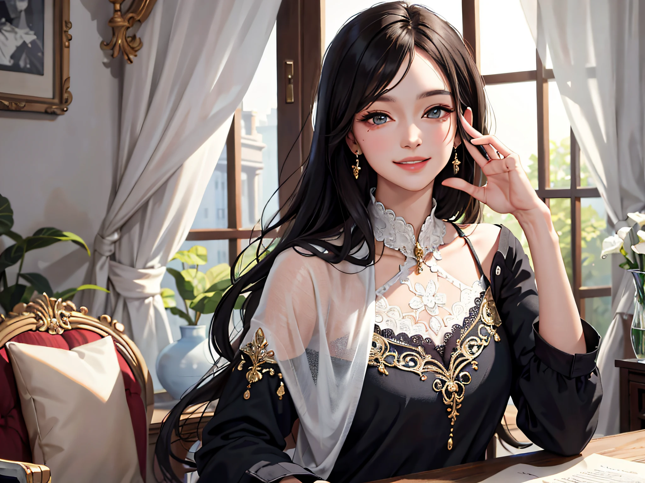 (masterpiece:1.2, best quality), (real picture, intricate details), 1lady, solo, upper body, casual, long hair, minimal makeup, natural fabrics, close-up face, smile, home