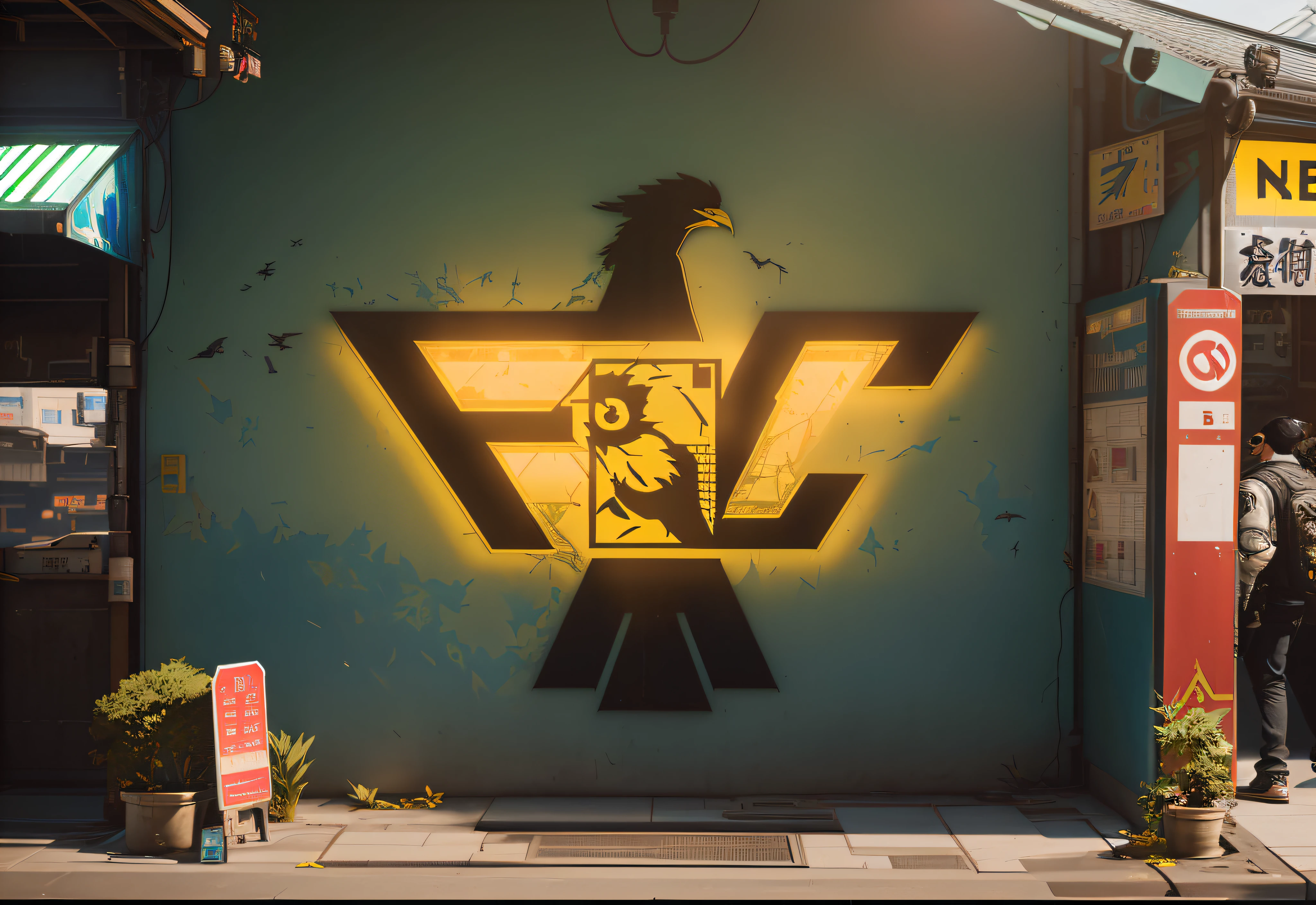 There was a man standing outside a building,There is a bird on it, with an eagle emblem, Cyberpunk logo, eagle logo, (Cyberpunk 2077), overwatch building, ( cyberpunk 2 0 7 7, In Cyberpunk 2077, Frontlighting, in cyberpunk 2 0 7 7 cp 2 0 7 7, inspired by Ryūsei Kishida