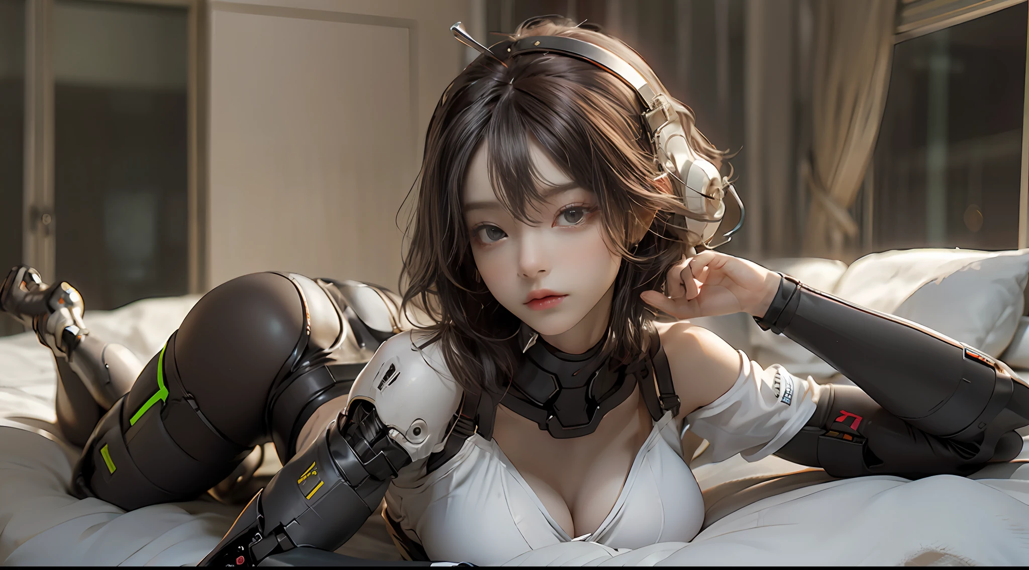 inside a laboratory, silver color, head and full body, laying on floor, sleeping on bed, Extremely cute human eighteen year old girl face, human torso, human huge boobs, human abdomen, human hips, mechanical arms, mechanical legs, arms and legs with hard white shiny shell and black joints, very beautiful and feminine, short, petite, small, small, busty buttocks, medium bust, cleavage display, flat belly display, partial helmet with antenna on the ear, black robot joints, very stylish, award-winning product design, black rubber tights, The shiny white metal breastplate opens at the cleavage and abdomen, the white metal buttocks are wrinkled, and the armor has stylish, glowing trims