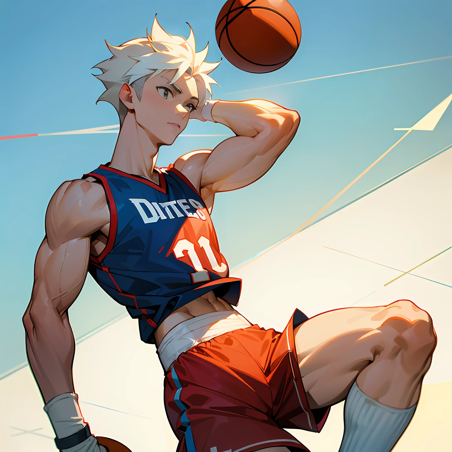 Highest accuracy，Muscular man wearing only basketball shorts，Shirtless，Lower body erection，White socks，Basketball shoes，Lower body details，Thick pubic hair，The handsome face of youth，The expression is shy，Short white hair，The background is a basketball court，The background is rich in detail，Sporty wind