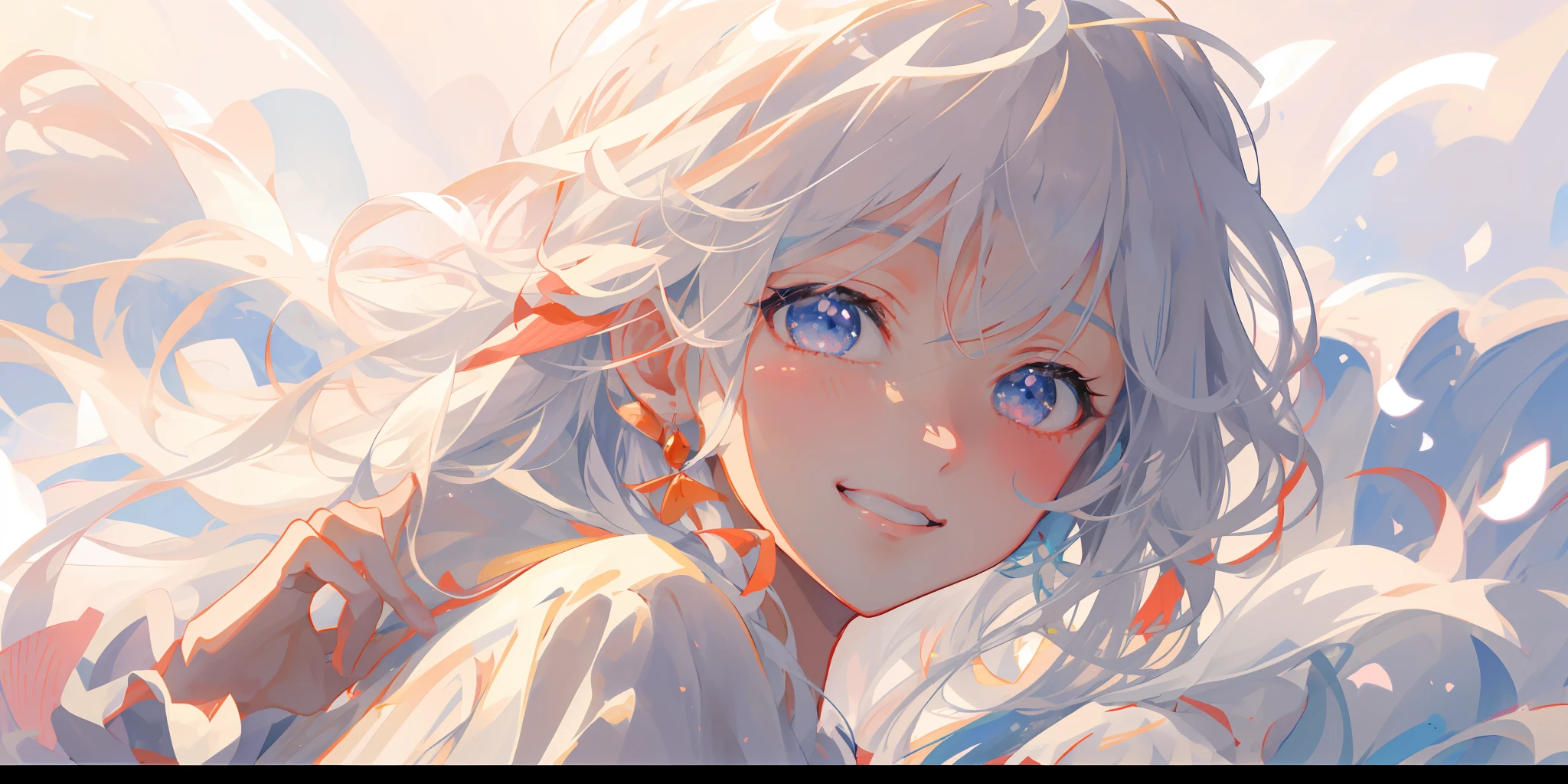 Anime girl smiling long hair in water, a beautiful anime portrait, Girl with white hair, anime visual of a cute girl, Beautiful anime face, Stunning anime face portrait, Beautiful anime girl, Beautiful anime, Perfect white haired girl, extremely cute anime girl face, white hair floating in air, cute anime girl portraits, clean and meticulous anime art, Cute natural anime face