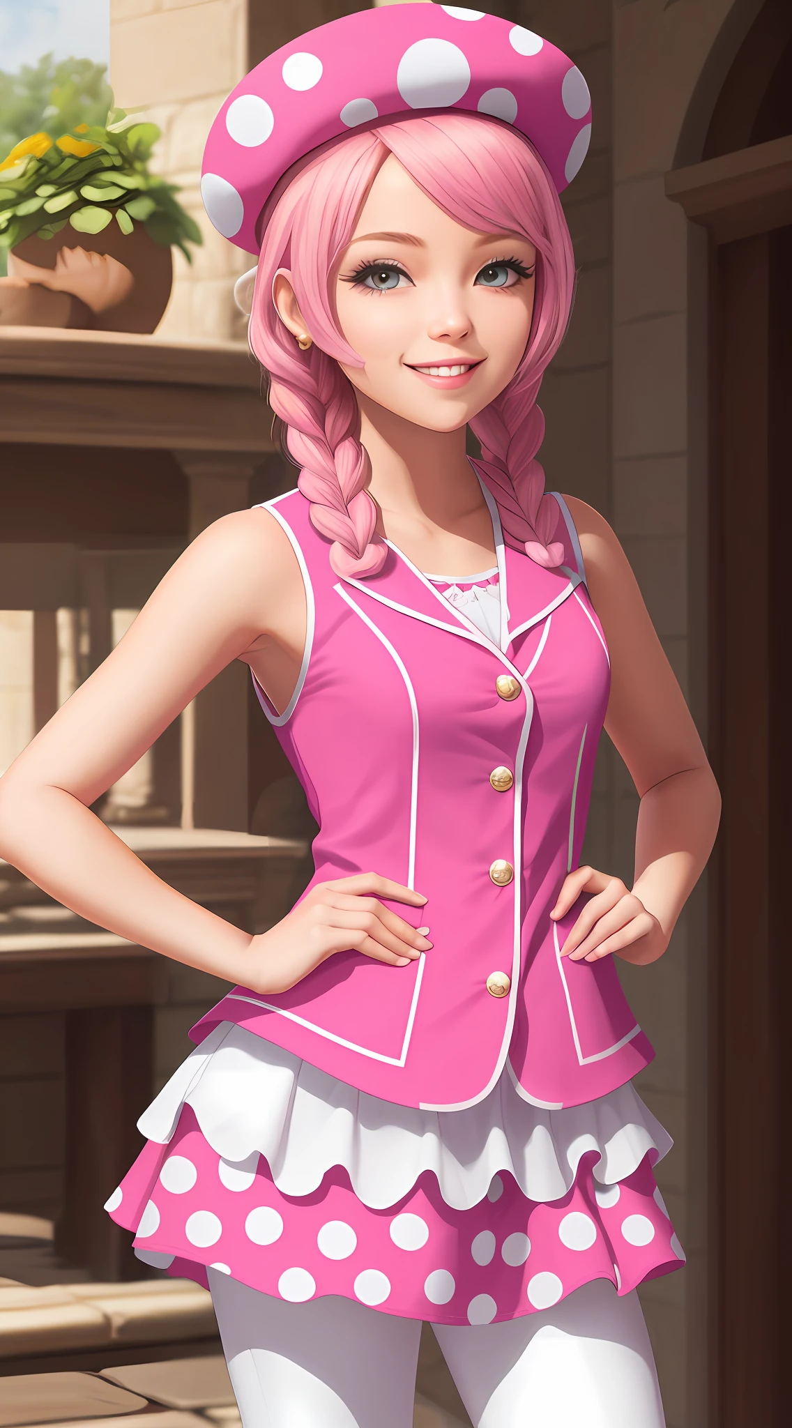 (Inside a castle setting,) Toadette, close shot, she wears a sleeveless pink dress with a thin white line near the lower portion. Layered on top of the dress is a bright red vest with a yellow trim lining. Underneath this she wears white pants and brown padded shoes along with pink hair. She has a pink cap with white spots and has a unique set of braid-like plaits. She is happy and sensitive with a smile on her face