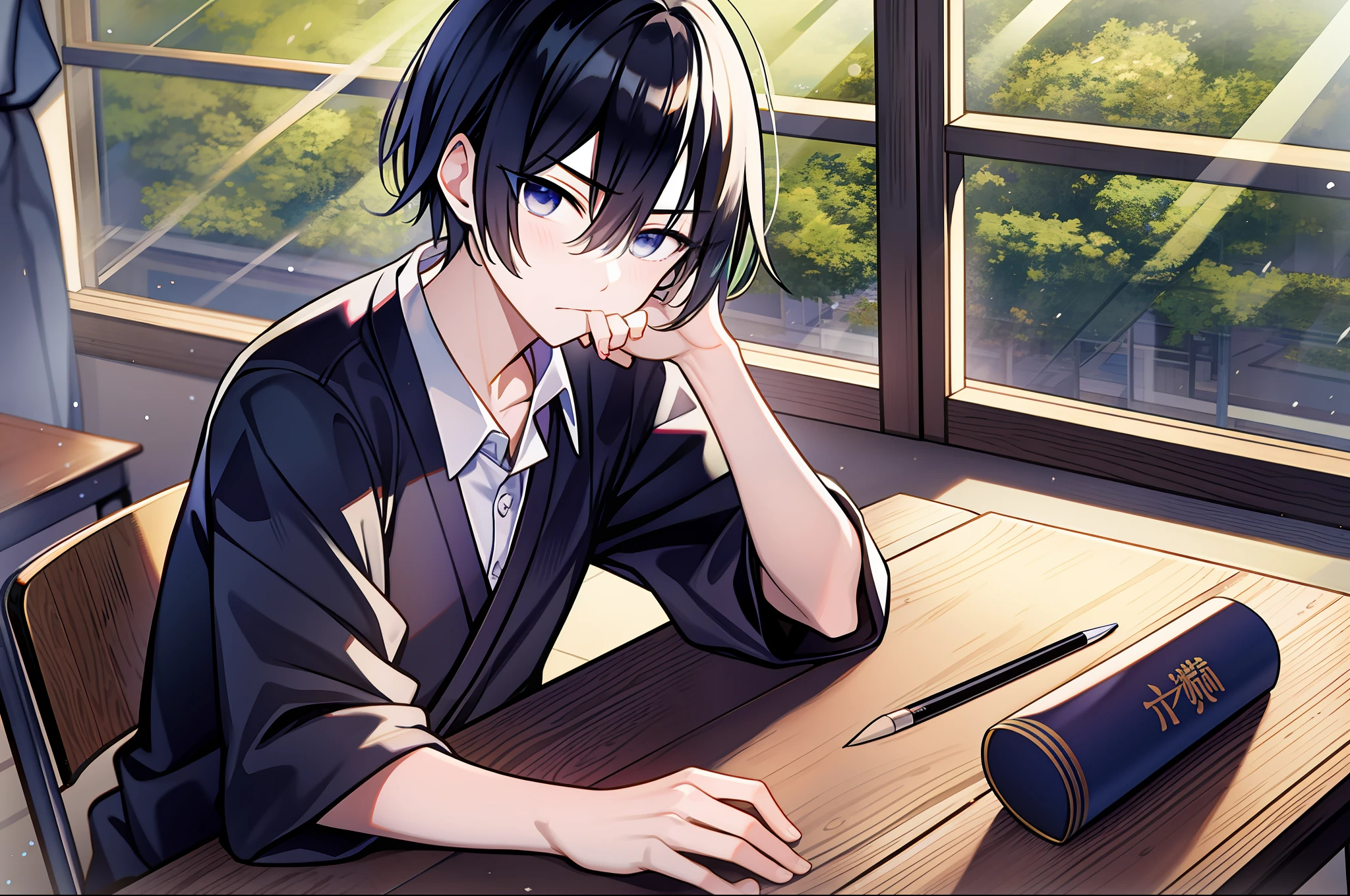 A melancholy and handsome male protagonist，17-year-old Japanese anime character。Black hair and eyes，Empty and sharp eyes look ahead。Dressed in black school uniform，Sit in a window seat in the penultimate row of the classroom。Cover your mouth with your right hand，Place your left hand flat on the wooden table，The mouth is closed。The classrooms are Japanese-style wooden structures，Full of fine details and light and shadow effects，It has an artistic atmosphere。Manifests masculine characteristics，Don't have eyeliner、Long eyelashes or soft eyes，The eyes should be sharp，Do not draw feminine images。