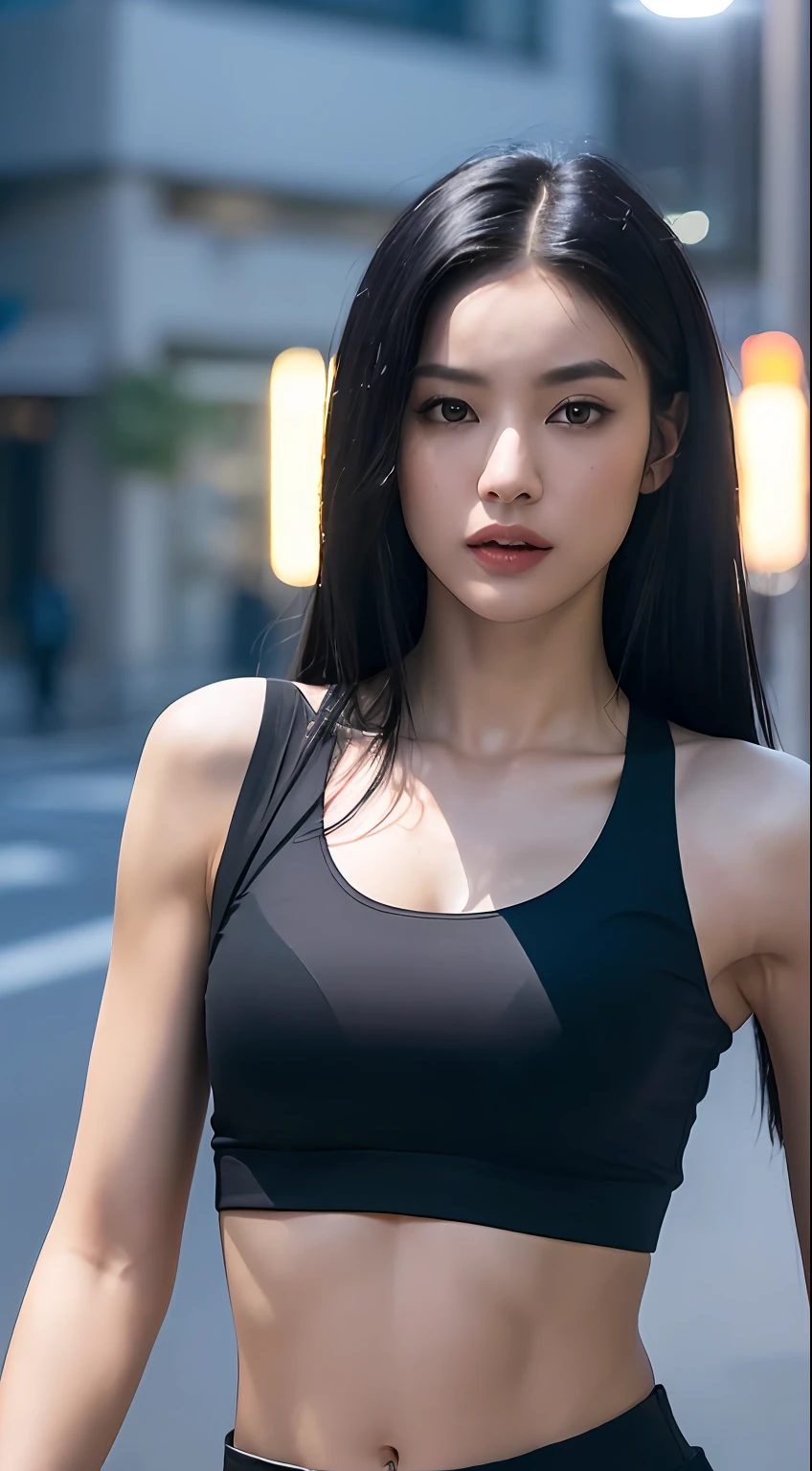 ((Realistic lighting, best qualtiy, 8k, tmasterpiece:1.3)), sharp fokus:1.2, 1girl, Beautiful Women with Perfect Figure:1.4, Slim abs:1.1, ((black color hair)), (l Blue crop top:1.4),exteriors,during night:1.1),Street view,Ultra-fine face,Fine eyes